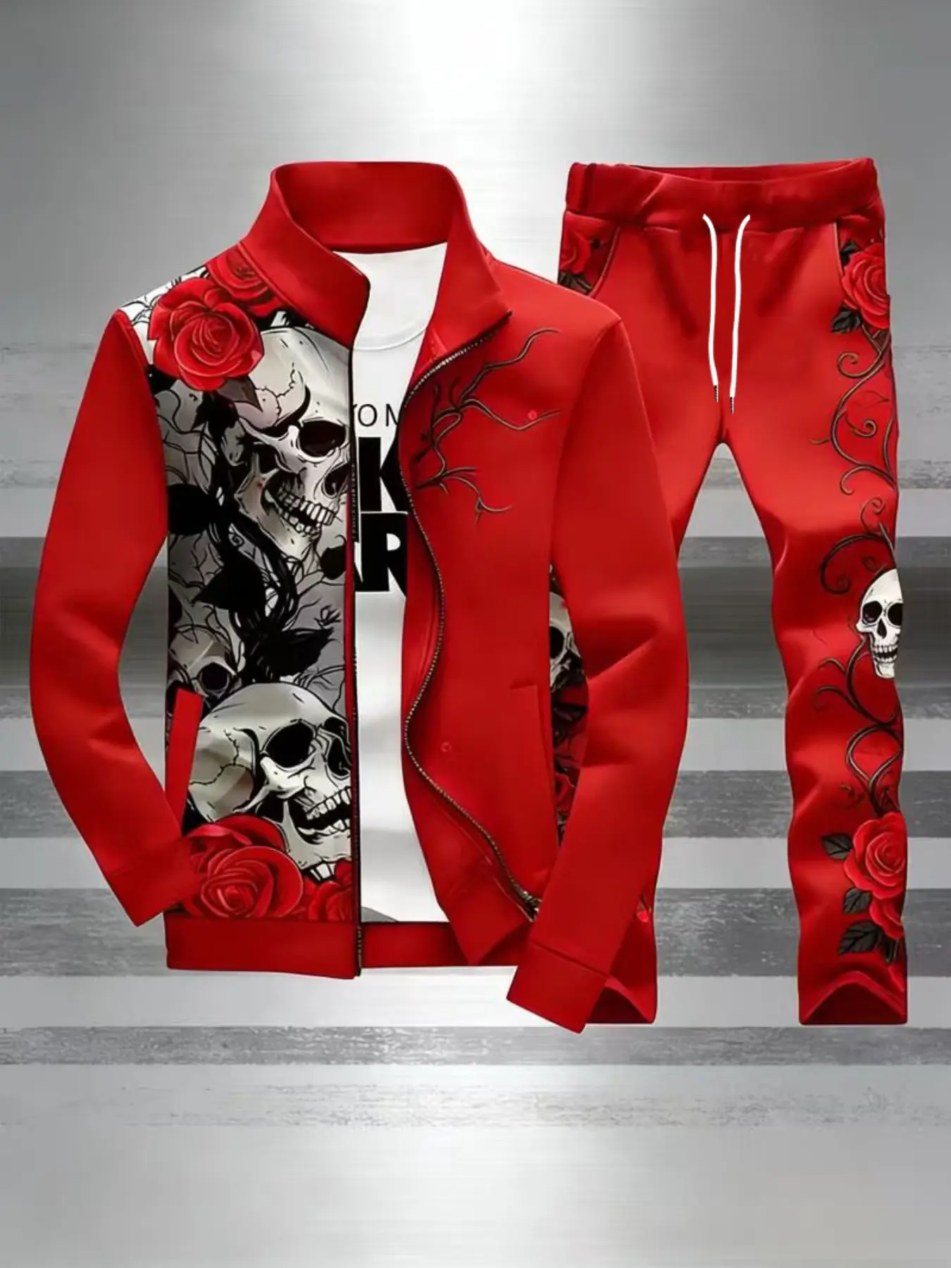 Men's Sporty Two-Piece Set, Skull Rose Print, Stand Collar Zipper Jacket, Drawstring Pants, Dark Retro Street Style, Athleisure Set