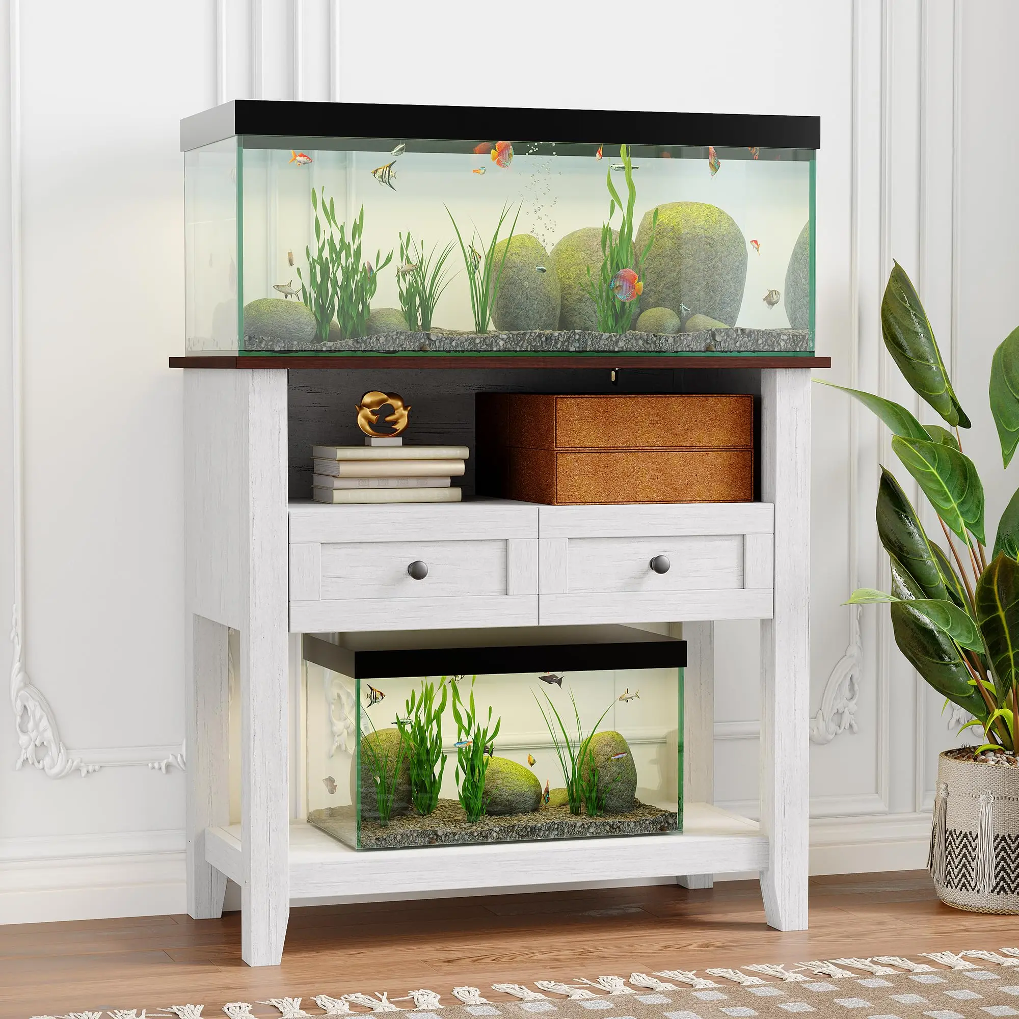 Fish Tank Stand with Built-In Charging Station, 20-29 Gallon Heavy-Duty Aquarium Cabinet with Drawers & Open Storage, 660LBS Load-Bearing, Anti-Tip Modern Tall Terrarium Stand for Fish Turtle Reptile Home Office Indoor Use