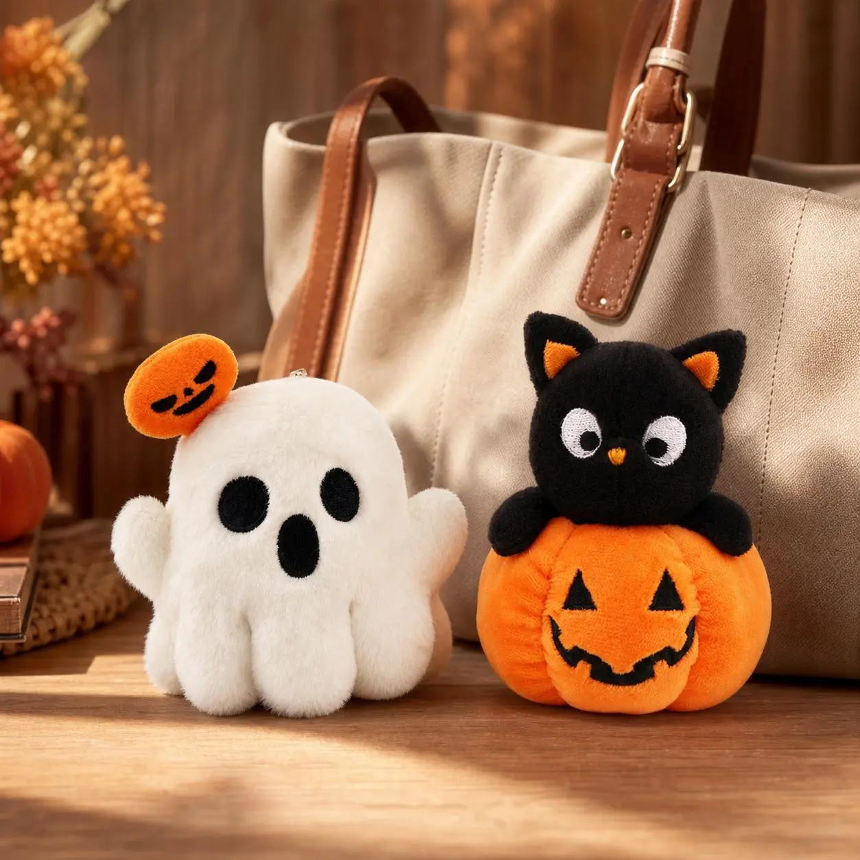 Cute Halloween Plush Keychain Charms, Ghost with Pumpkin & Black Cat in Pumpkin Soft Bag Pendant, Spooky Season Backpack Handbag Decor Accessories