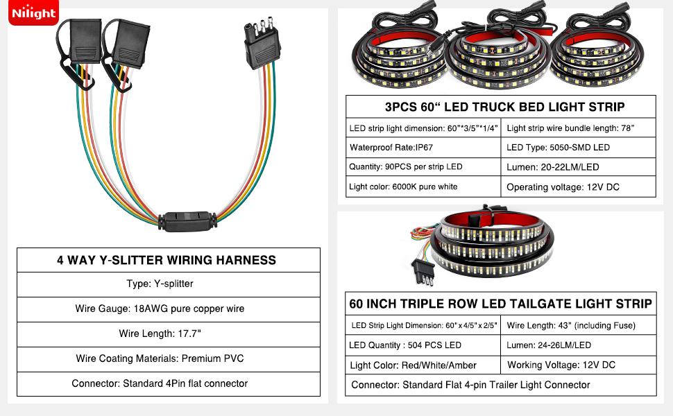 Nilight 3PCS 60 Inch Truck Bed Light Strip Bundle with Tailgate Bar 60" Triple Row 504 LED Strip 4 Way Flat Trailer Y-Splitter Extension Harness for Cargo Pickup Truck SUV RV Boat  Tail Light Strip  dealsforyoudays