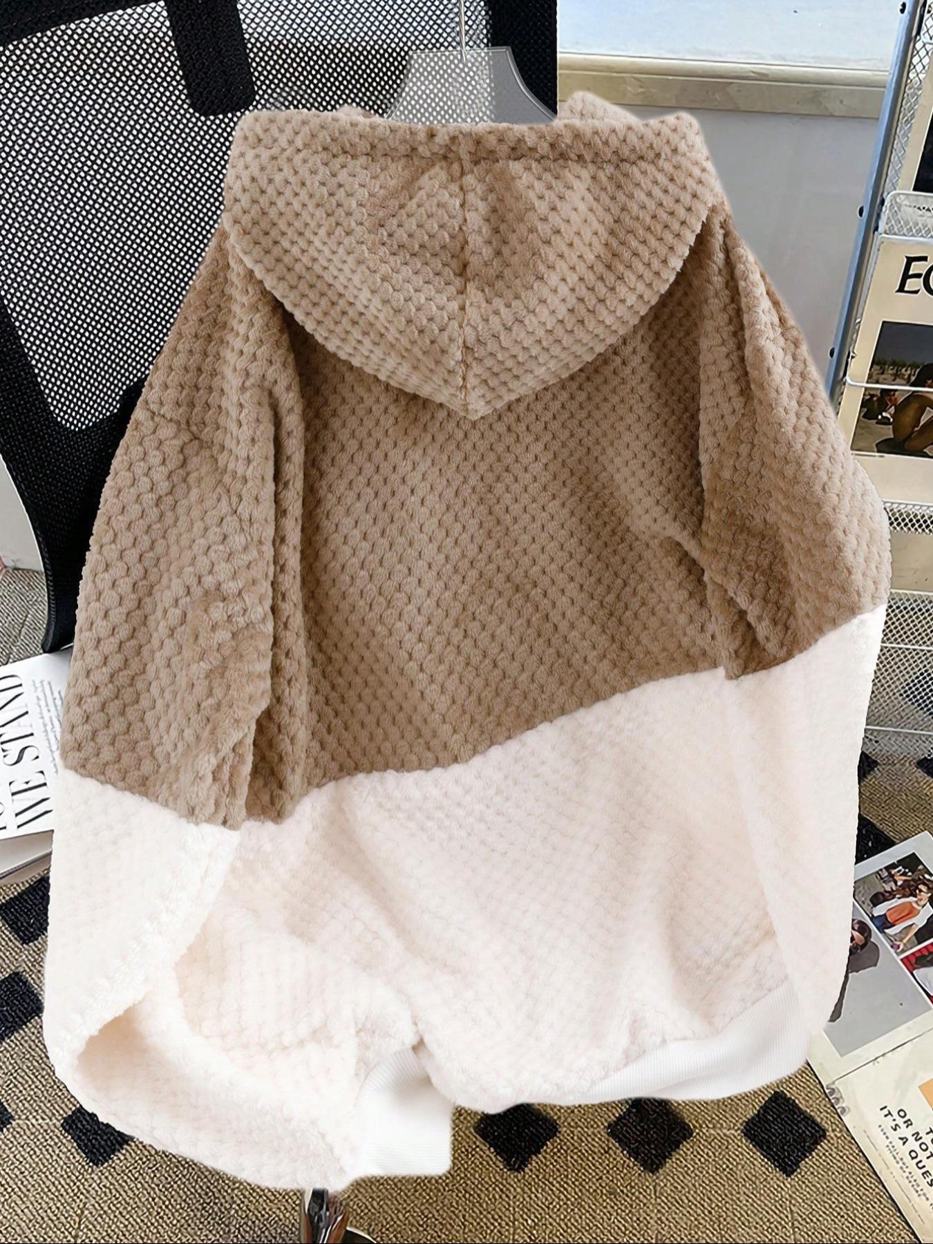 Women's Color Blocking Hooded Hoodie Sweatshirt, Plush Soft, Fluffy, Fall & Winter Warm Casual Wear, Loose-Fitting Daily