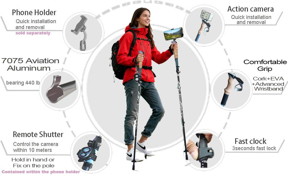 Foldable Hiking Poles for Women Men Seniors, 14" Compact Lightweight Trekking Poles with 1/4" Screw for Travel & Hiking
