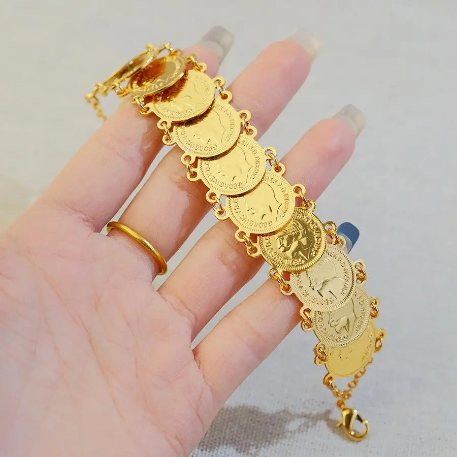 Classic Turkish Gold Coins Bracelet 21k Gold Plated Kurdish Bridal Fashion Cuff Bangles Dubai Women Wedding Party Jewelry