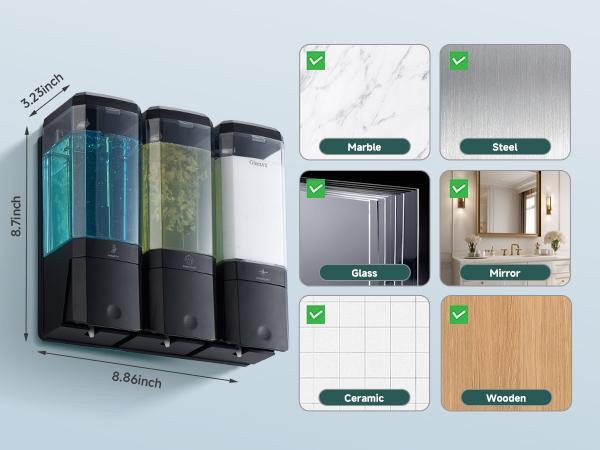 Glumzrk Shampoo and Conditioner Dispenser 3 Chamber No Drill Shampoo Dispenser for Shower Wall Mounted Shower Soap Dispenser 3 * 500ml Refillable Shower Dispenser for Bathroom Hotel