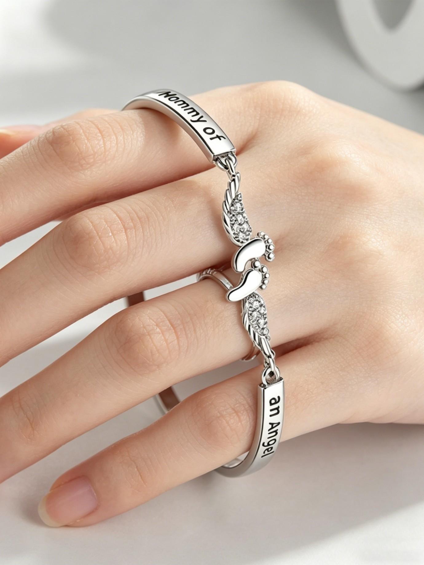 Angel Mom Memorial Jewelry Set, Baby Footprint Wings Bracelet and Ring, Comfort Gift for Loss of Child, Mother's Day Keepsake