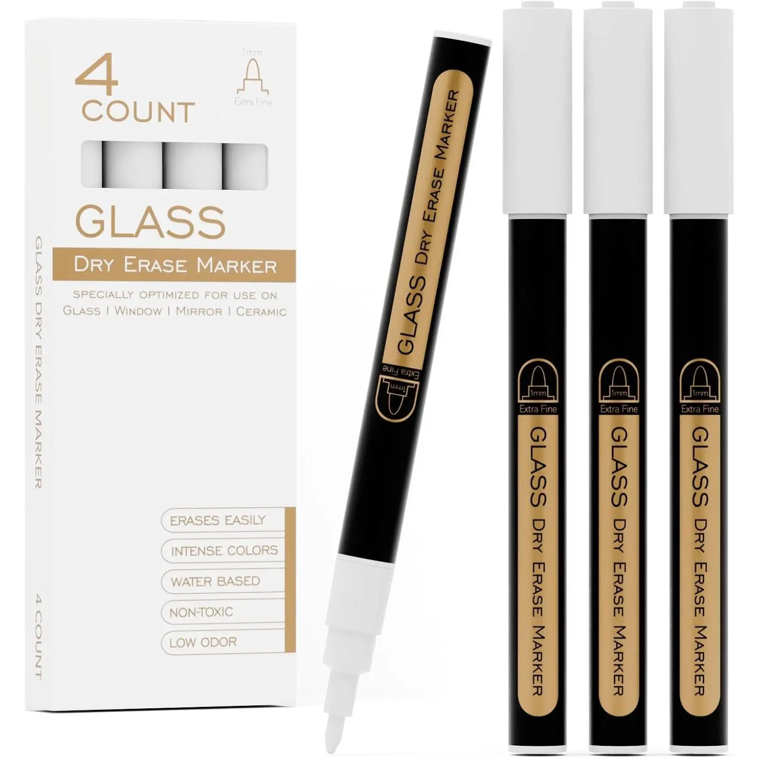 Dry Erase Markers for Glass Board, 4 Pack (White) | 1mm Ultra-Fine Tip, Easy Wipe Off, No , Liquid Chalk, Whiteboard Compatible