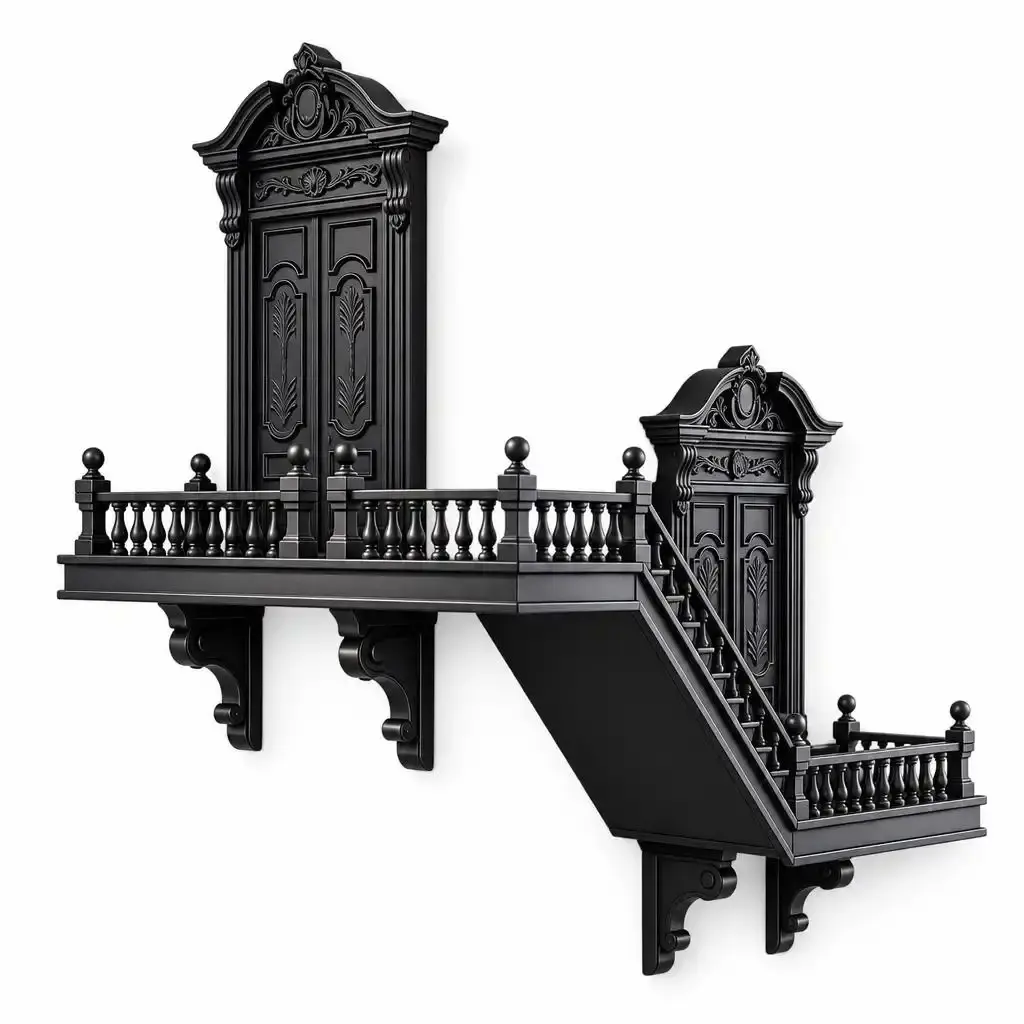 Elegant Black Wall Mounted Balcony with Ornate Carvings and Decorative Railings for Home Decor