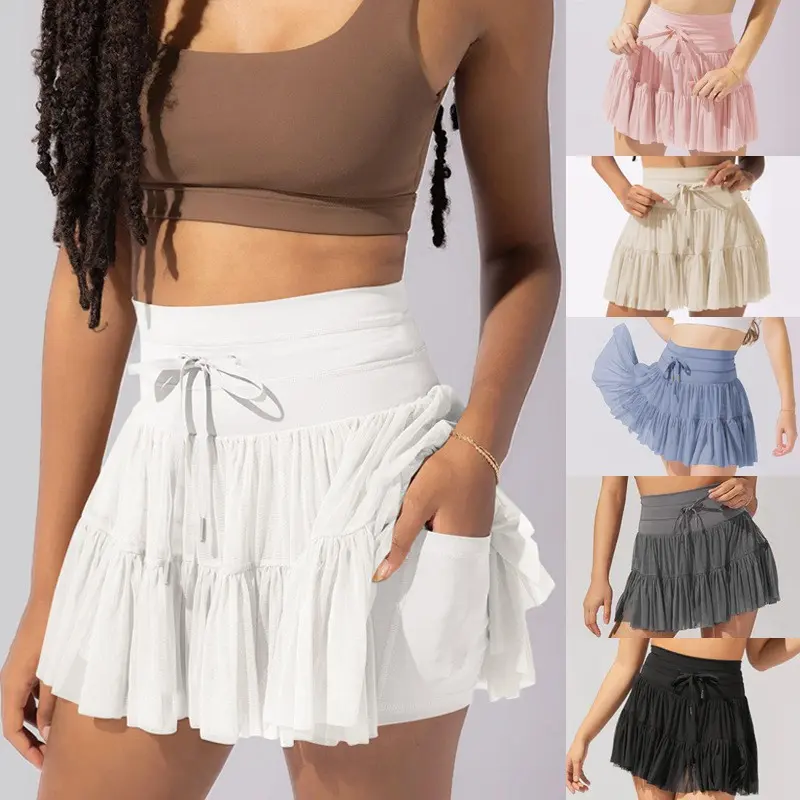 Women's Culottes High Waist Strap Mesh Pleated Skirt Short Skirt Babes