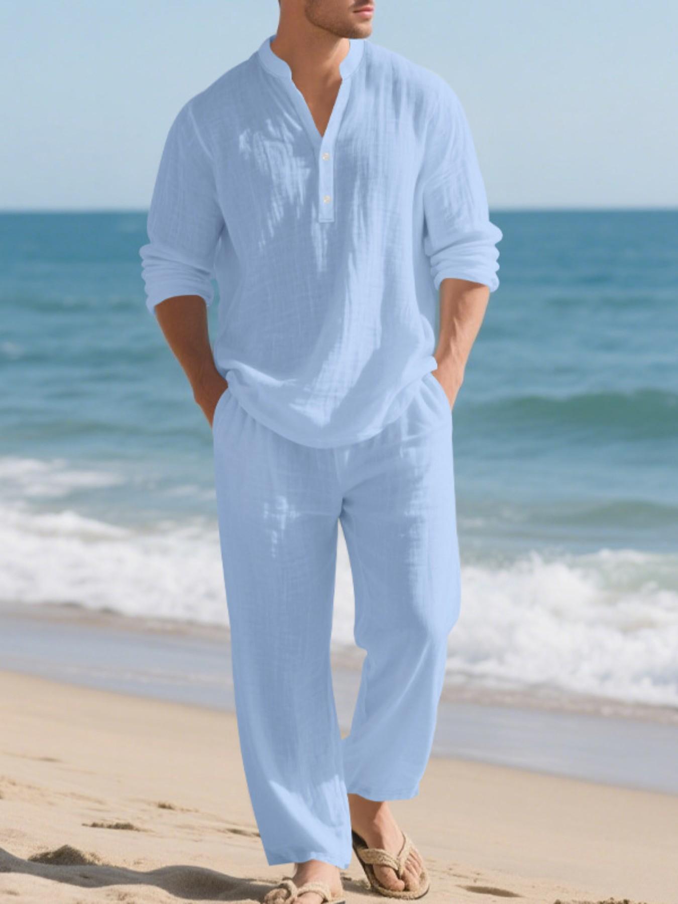 Men's Casual Linen Outfit, Loose-fit Henley Neck Long Sleeve Shirt and Pants, Comfortable and Fashionable Co-ord Set for Tropical Summer, Suitable for Beach, Vacations and Daily Wear Top Men's Casual Linen Outfit, Loose-fit Henley Neck Long Sleeve Shirt and Pants, Comfortable and Fashionable Co-ord Set for Tropical Summer, Suitable for Beach, Vacations and Daily Wear Top