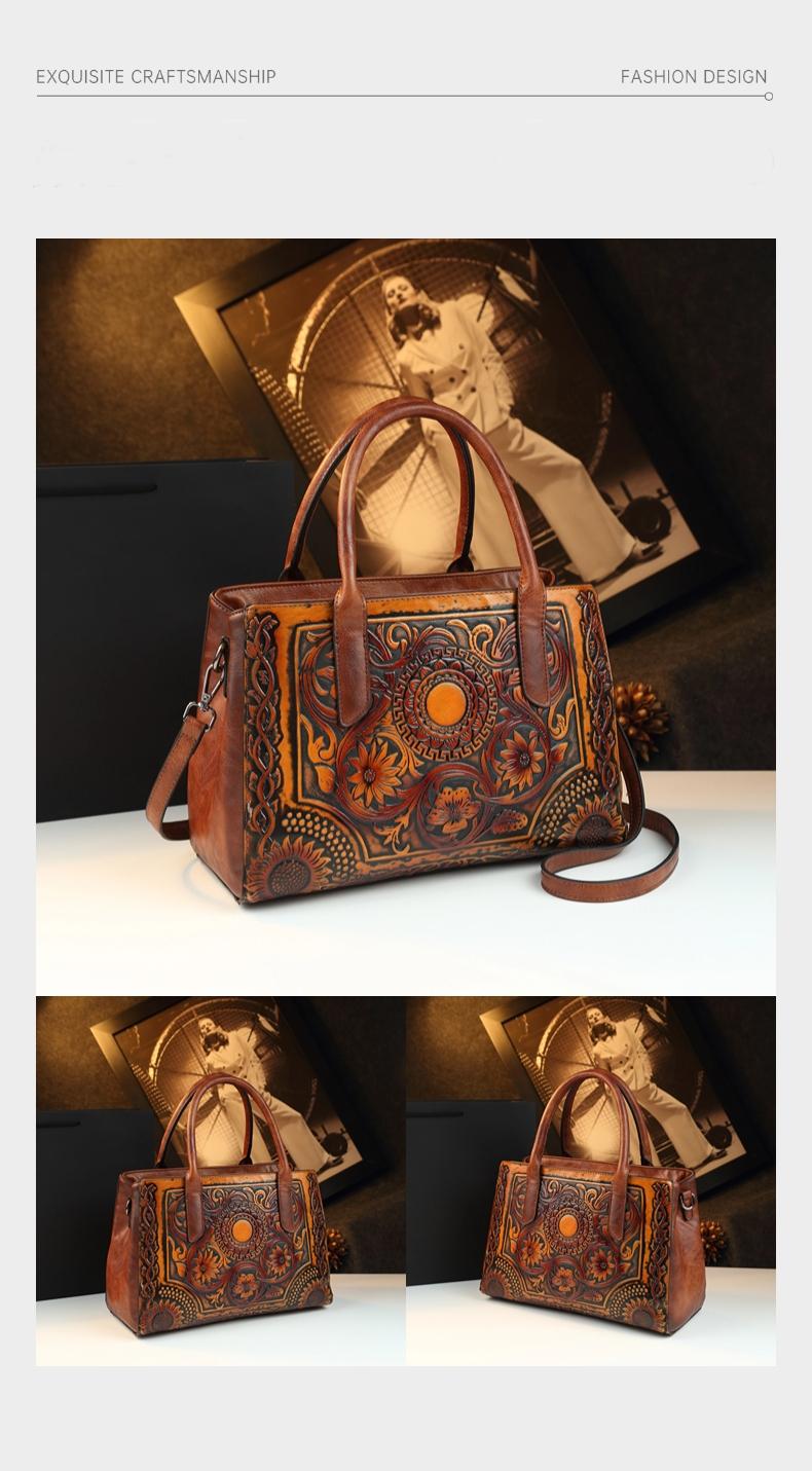 Vintage Tannery Craft Embossed Handbag, Traditional Floral Pressed Large Capacity Commuter Bag, Mom Style Shoulder Crossbody Bag