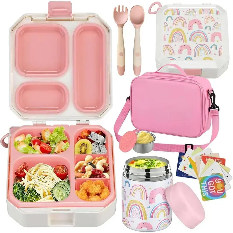 Insulated Portable Bento Kids' Set - Kid-Friendly Plastic PA Rectangular Lunch Box with Containers, 12oz Leak-Proof Soup Thermos Canister, 5-Compartment Hot Food Jar, Lunch Bag for School Trips, Outdoor Camping