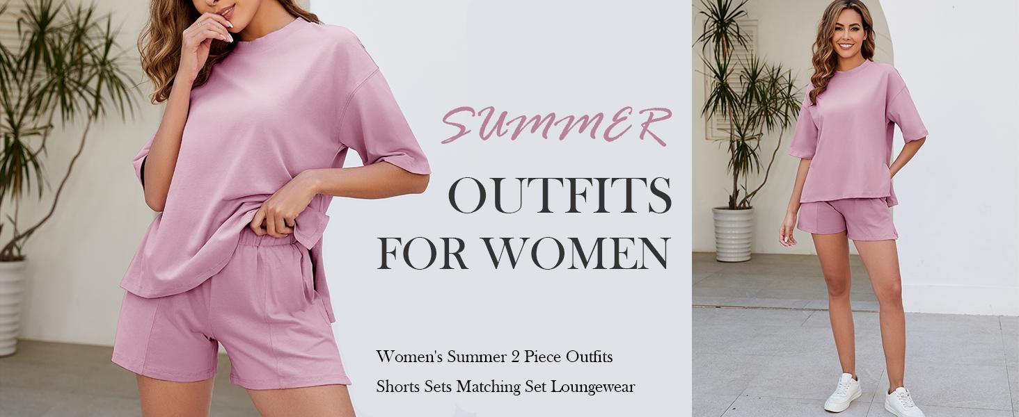 COCCKO 2026 Womens Shorts Sets 2 Piece Outfits Summer Half Sleeve Crew Neck Lounge Sets Matching Clothing