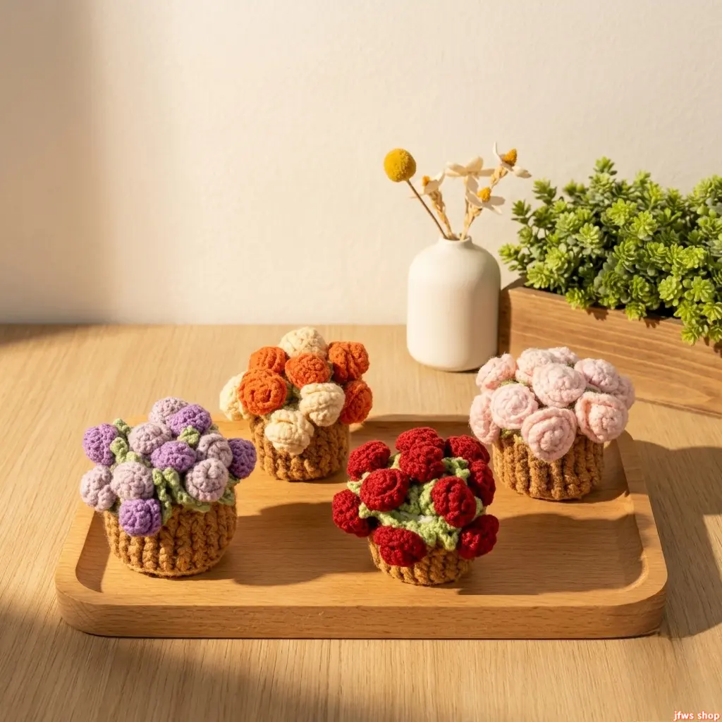 Handmade Crochet Flower Coaster Transformable Pink Flower With Purple Basket Cute Yarn‑Knitted Table Cup Mat Converts Into Floral Bouquet Thoughtful Mother’S Day Gift For Household Room Decor Ornament tiktokshopbacktoschool