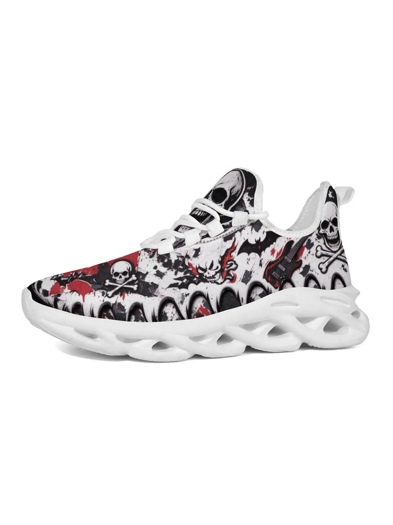 Exclusive Rock Guitar Skull Print Casual Shoes, Red Black Color Block, Punk Style, Thick Sole, Perfect for Daily Wear, Outdoor Activities, Parties