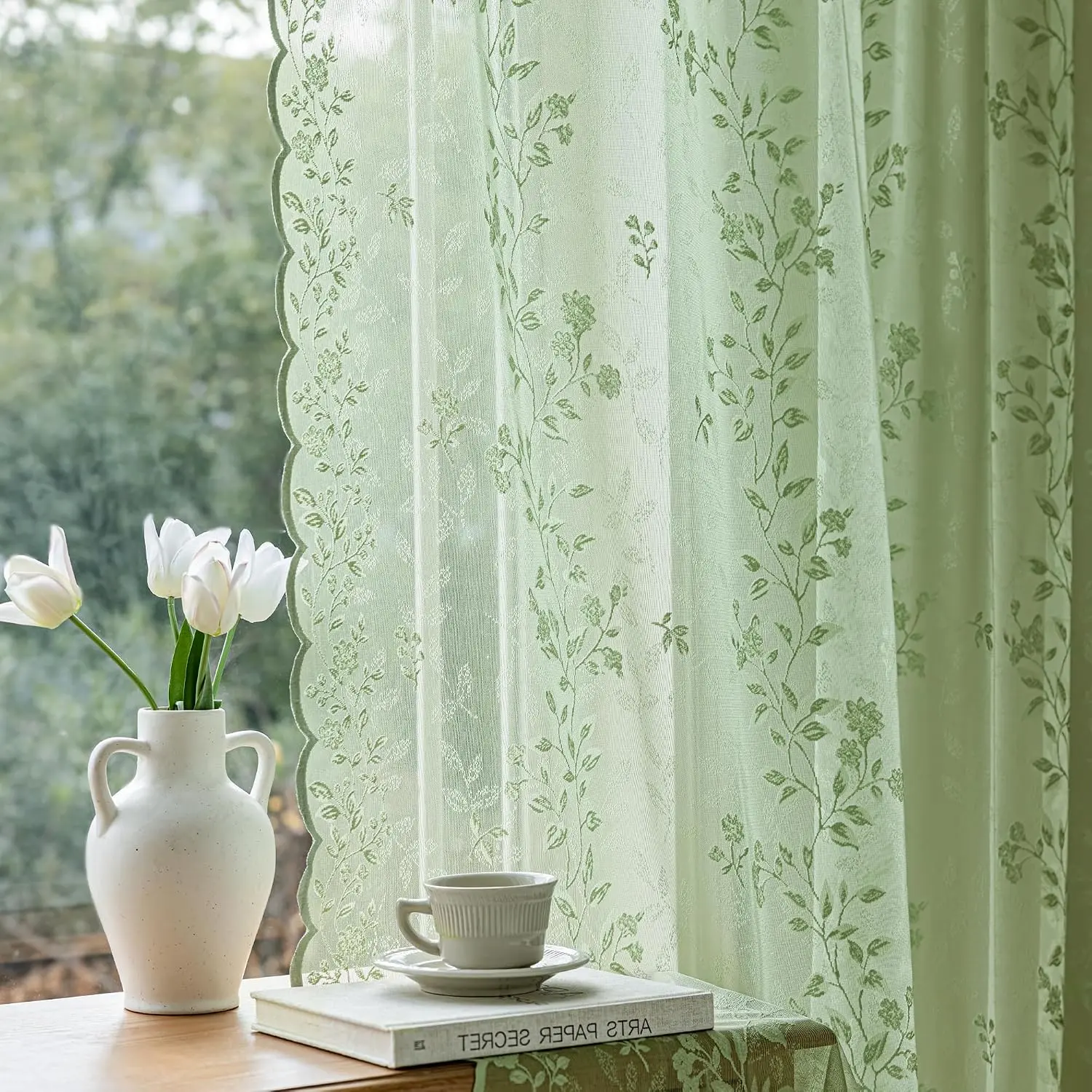 Sage Green Polyester Stretch Sheer Lace Curtains, Victorian Floral Leaf, 84 in Long French Country 2 Panels, Vintage Scalloped, Rod Pocket, Light Filtering Privacy for Living Room Bedroom, Two Panels