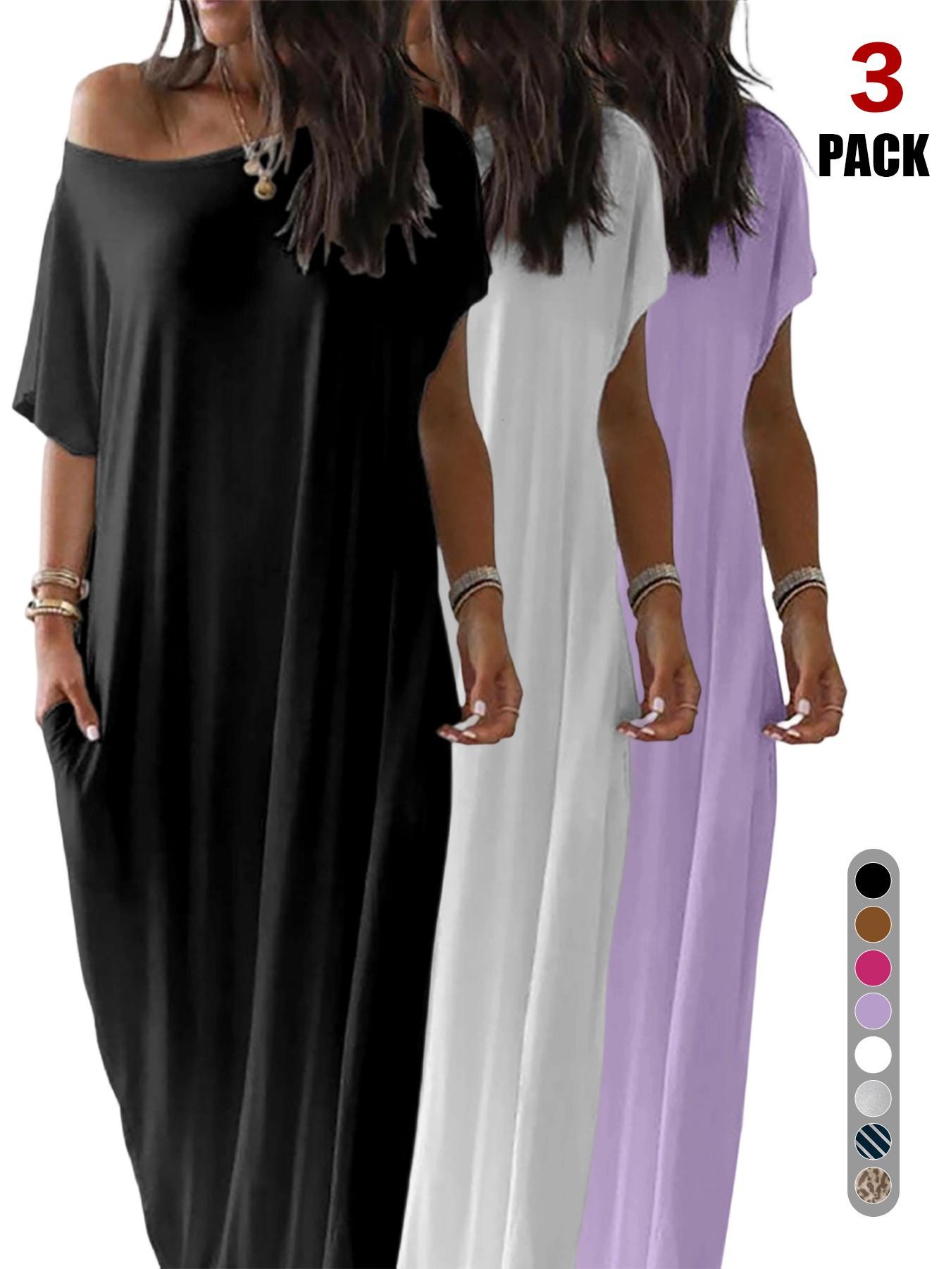 2026 Women's Solid Color Short Batwing Sleeve Loose Loungewear Dress, Soft Comfortable Casual Daily Wearing Nightdress, Versatile Ladies' Sleepwear for All Seasons