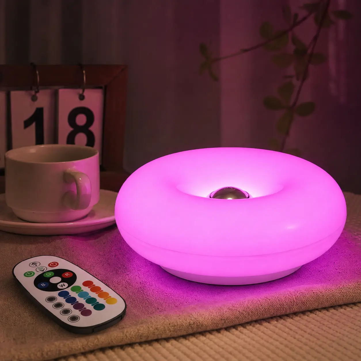 Rechargeable Donut Table Lamp with Remote & Touch Control, 16-Color RGB Stepless Dimmable Ambient Light with Acrylic Shade, Cordless Mid-Century Modern Bedside Lamp for Bedroom, Living Room & Gifts