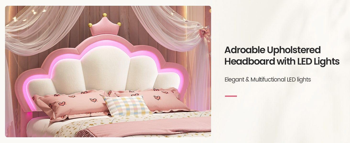 Sikaic  Bed Frame with Princess Crown and LED Velvet Upholstered Platform Pink Modern Bed Frame with Adjustable Headboard, No Box Spring Needed gift for teen girl