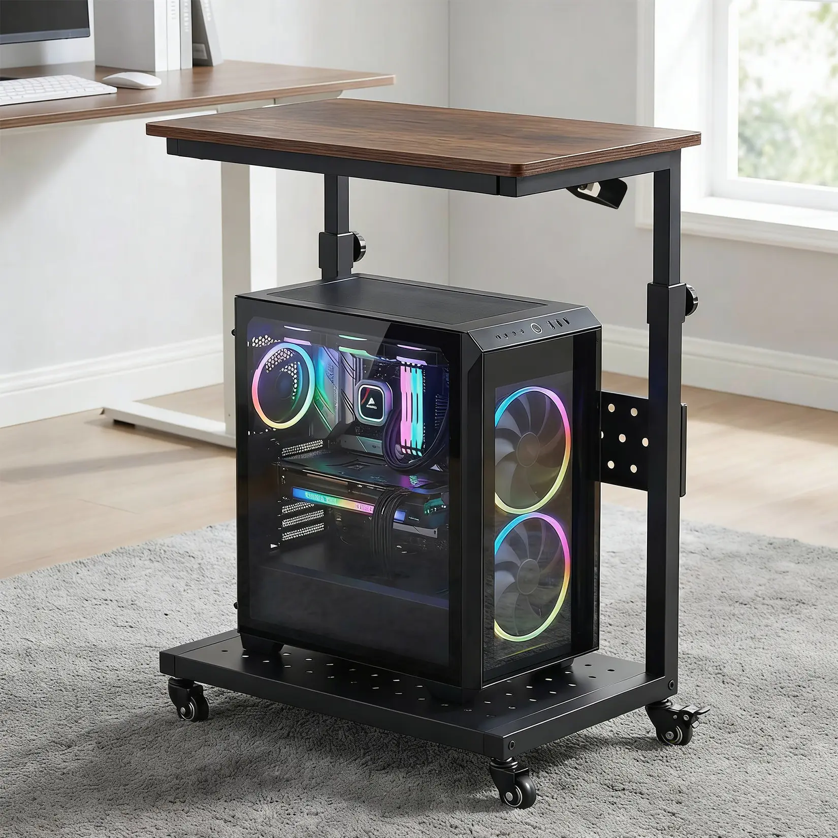 Adjustable Height Rolling Computer Stand, 2-Tier Mobile CPU Tower & Printer Cart - Wood Top/Metal Frame - Wheels - Under Desk PC Holder, Brown/White