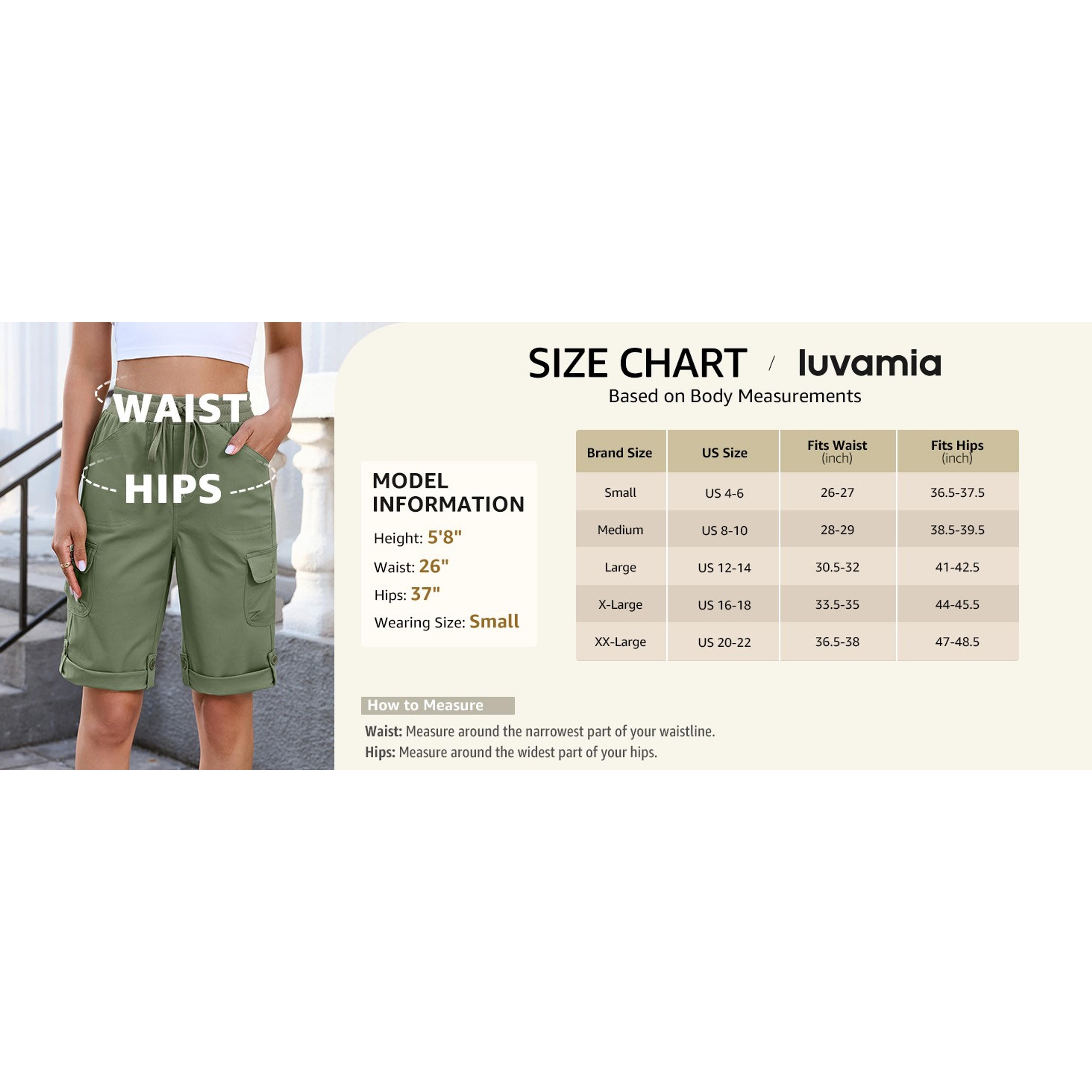 Ladies' Cotton Bermuda Shorts - High-Rise, Knee-Length, Pull-On Elastic Waist with Drawstring, Fold Hem, Casual Summer Chino Cargo Bottoms That Fits Daily Wear, Blouse, Pockets, Simple, Tank Top