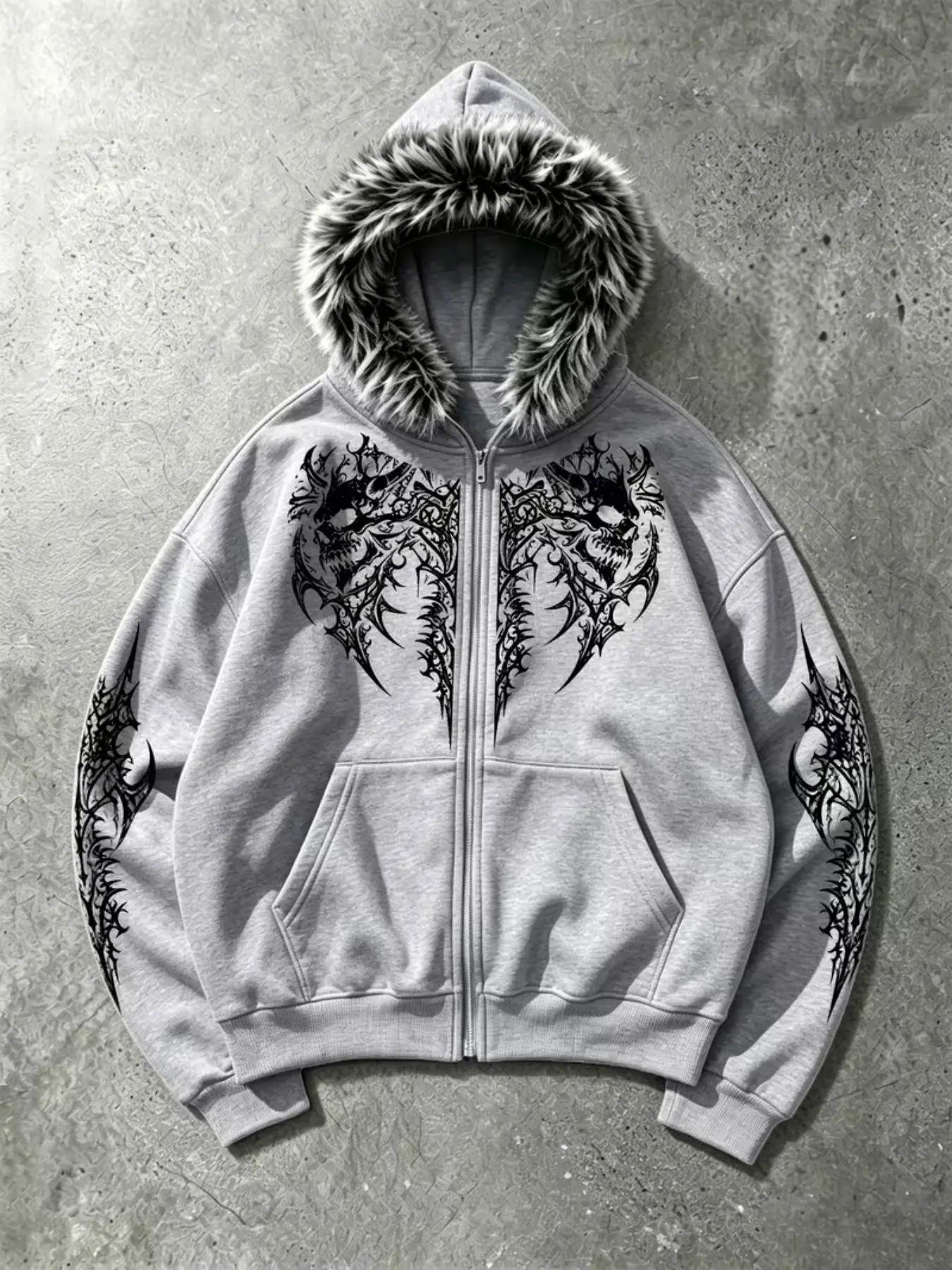 Gothic Thorn Skull Print Hooded Zipper Jacket, Street Style Loose-Fit Fleece Open-Shell Sweatshirt, Multicolor Outerwear