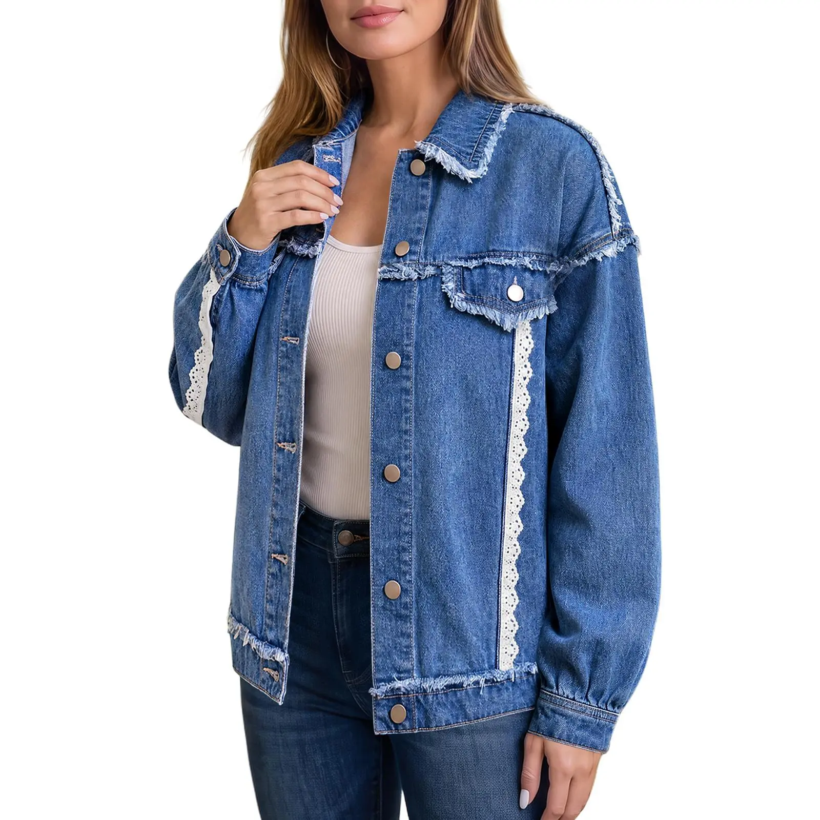 Imily Bela Women's Loose Denim Jacket with Raw Edge Destructed Details and Lace Trim Splicing