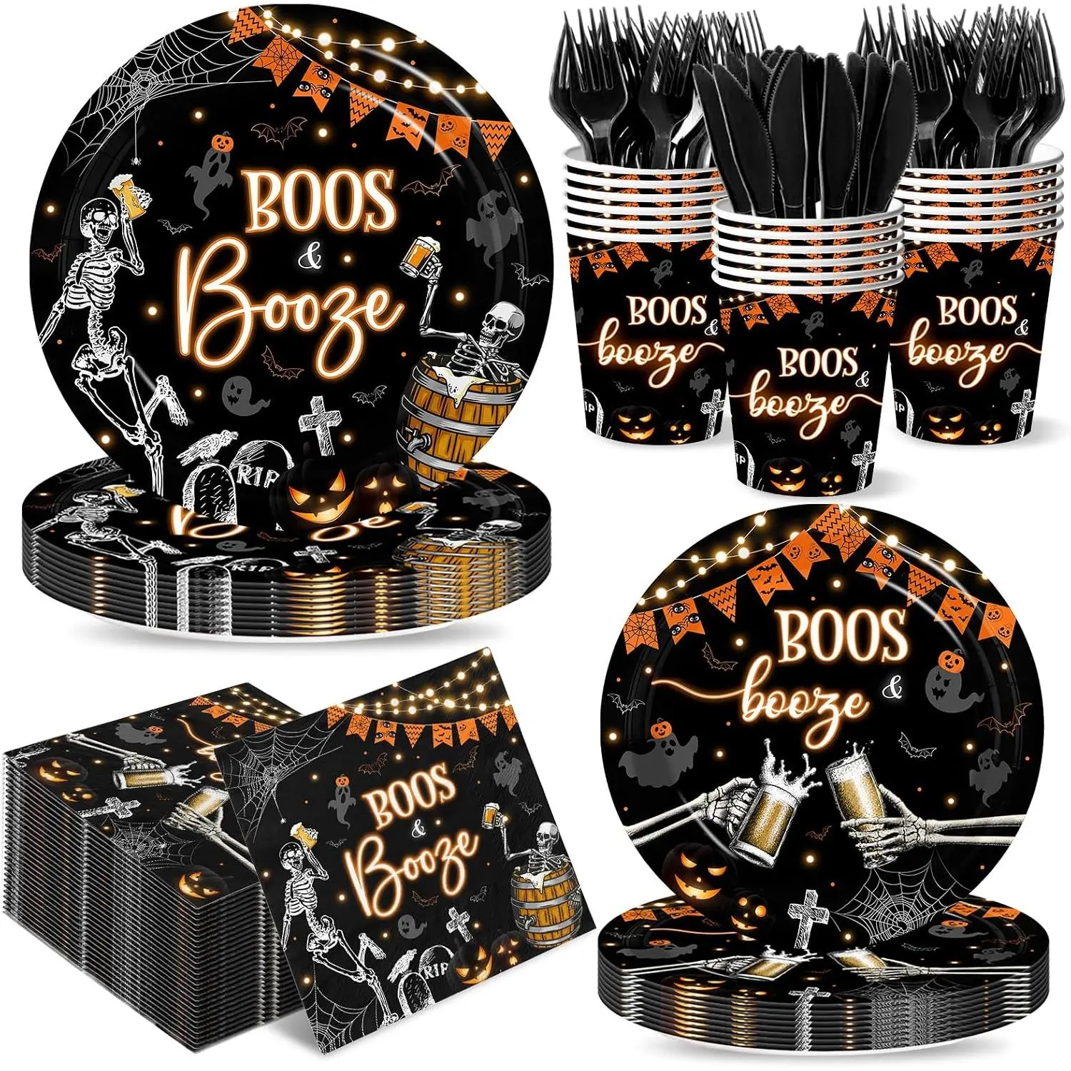 144 Pcs Halloween Party Supplies Halloween Plates, Napkins & Cups, Skeleton Halloween Party Decorations for Adults, Serves 24