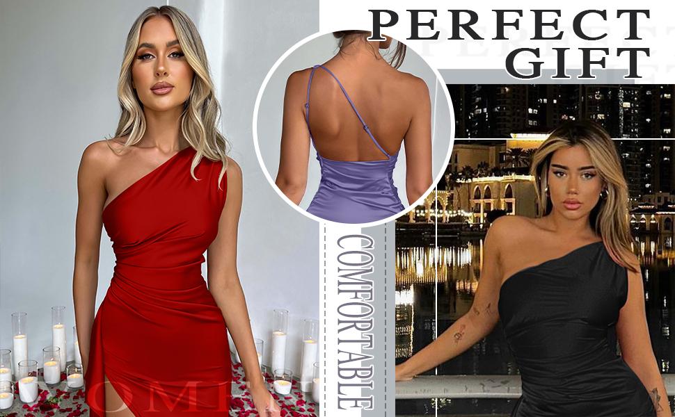 OYV Women's Sexy One Shoulder High Split Maxi Dress Black Wedding Cocktail Evening Gown