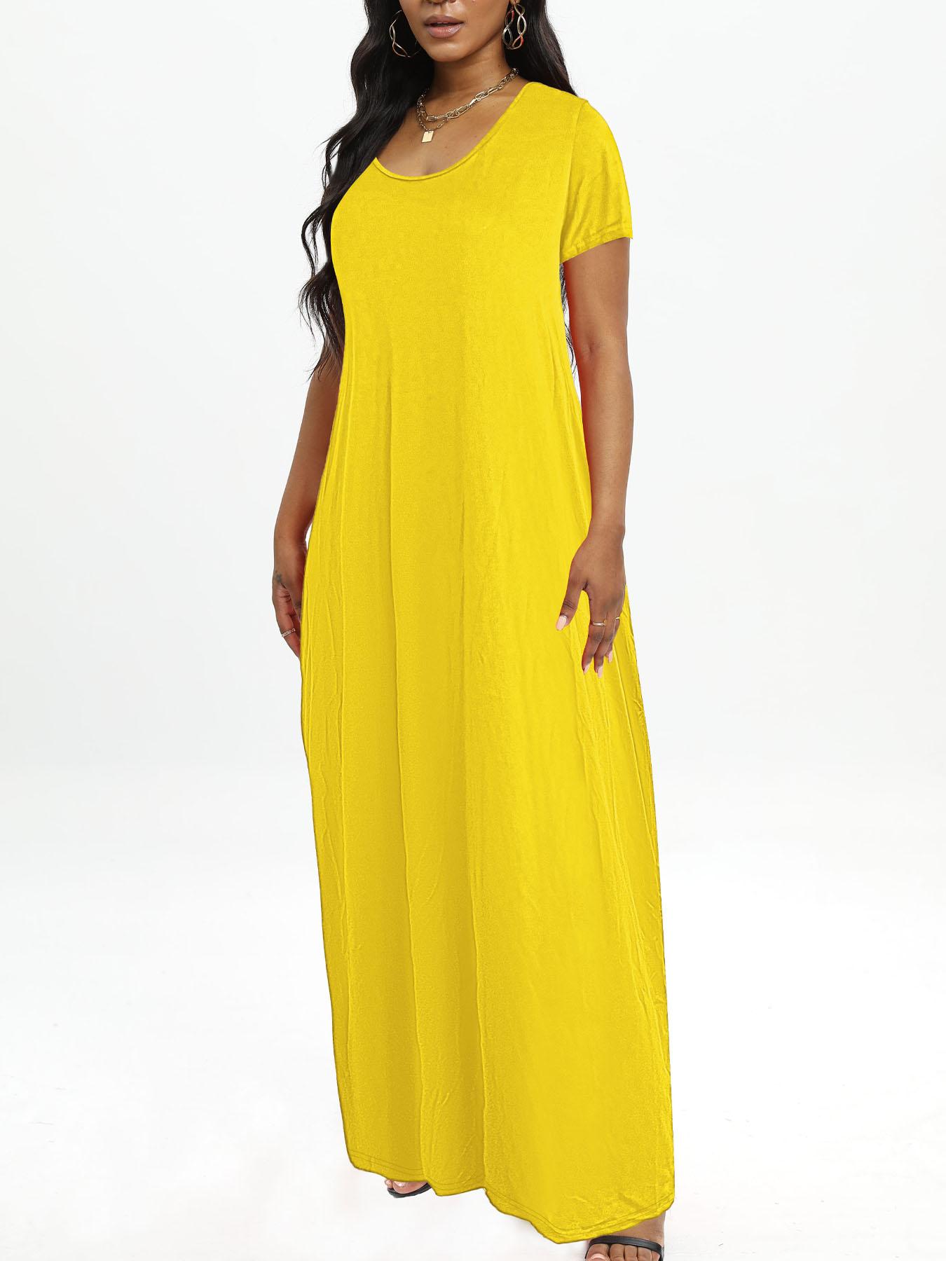 Plus Size Round Neck Short Sleeve Maxi Dress, Loose Flowy Hem, Curvy Friendly Long Dress