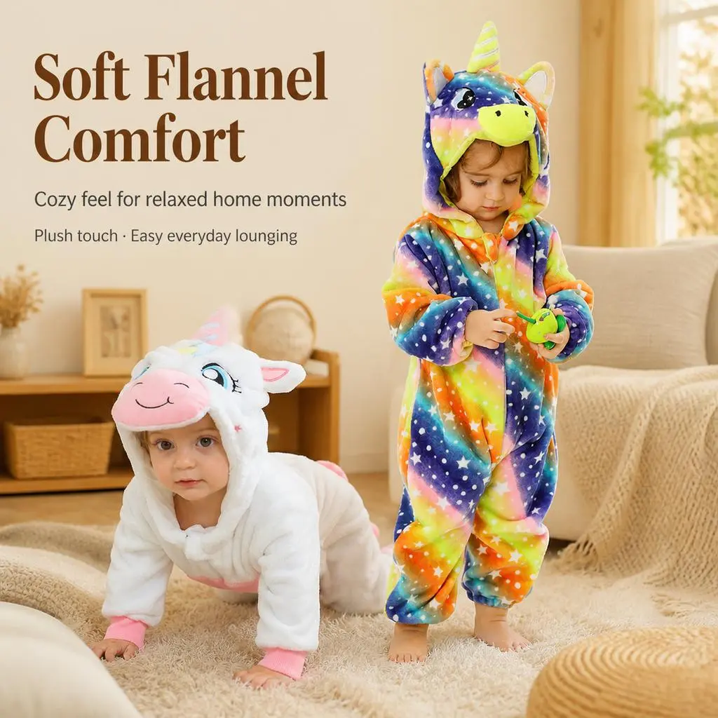 Kids' Flannel Unicorn Hooded Onesie - Warm Plush Cartoonish Full-Length Jumpsuit, Loose-Fit Toddler Homewear Romper, Casual Wear with Rainbow Star Design