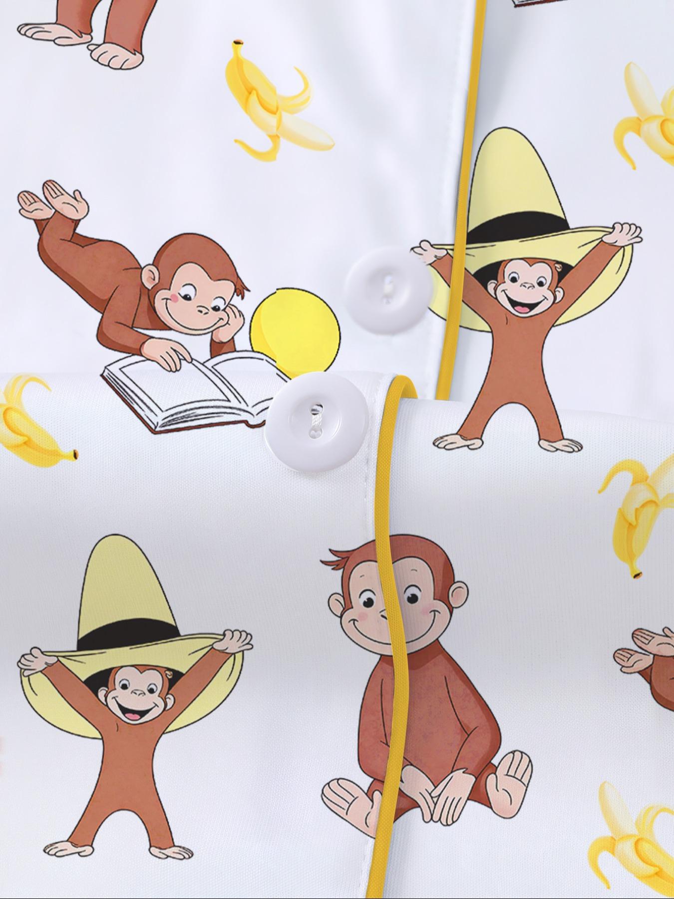 Women's Monkey Banana Print Sleepwear Set, Comfortable Short Sleeve Button Shirt & Loose Elastic Shorts, Fashion Casual Home Wear, Pajama Set