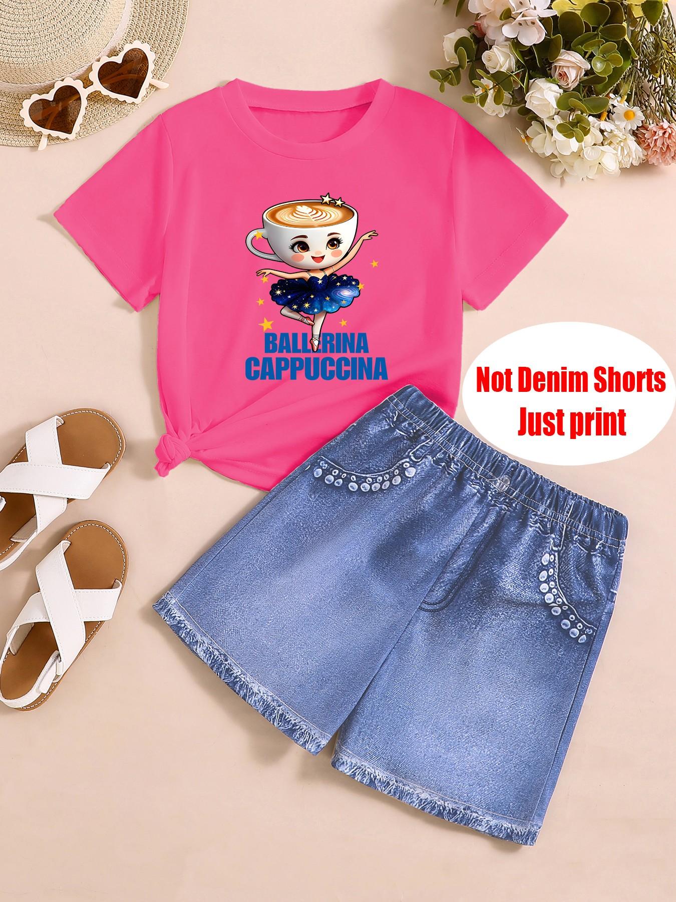 Fashion Two-Piece Set for Girls, Ballerina Cappuccina Print T-Shirt + Denim Shorts, Summer for Kids, Casual Slim Fit Suit