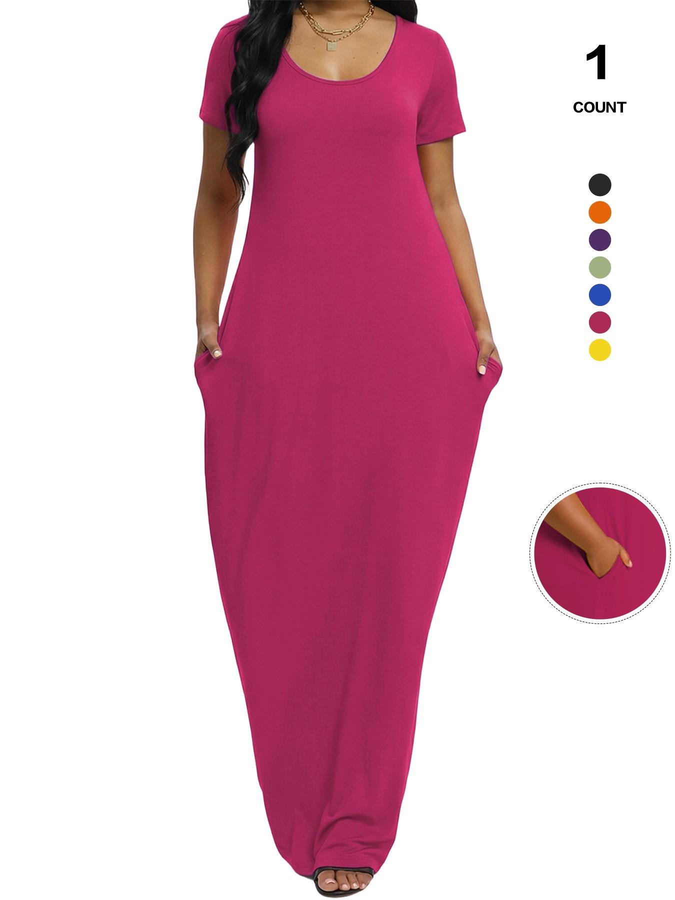 Plus Size Women's Solid Color Dress, Sexy Round Neck Short-Sleeved Long Dress, European and American Summer New Arrival, Casual Style