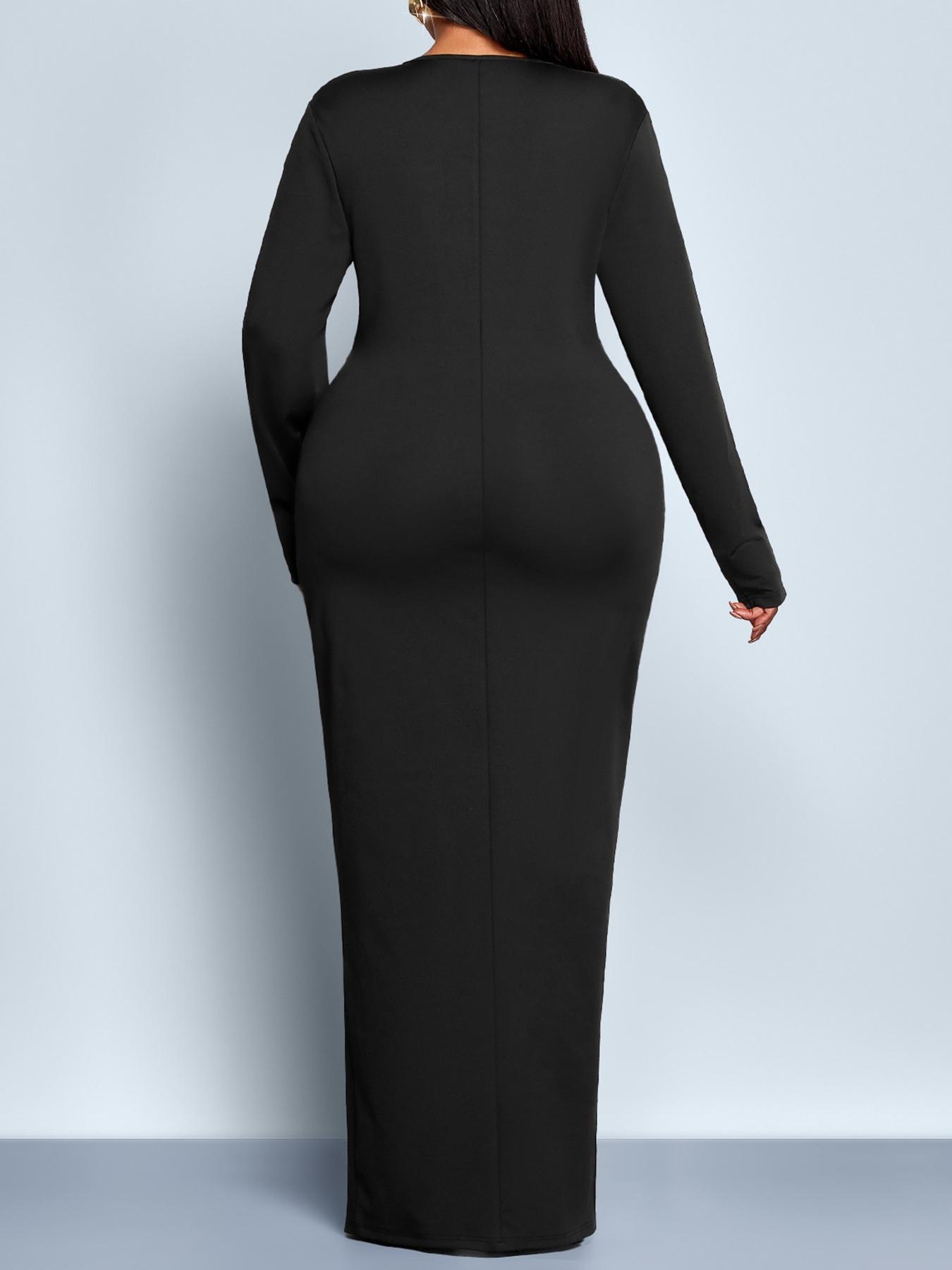 Elegant Chic Solid Color Maxi Dress, Deep V Neck Long Sleeve Bodycon High Waist Split Hem, Plus Size Women's Fall Fashion Party Dress