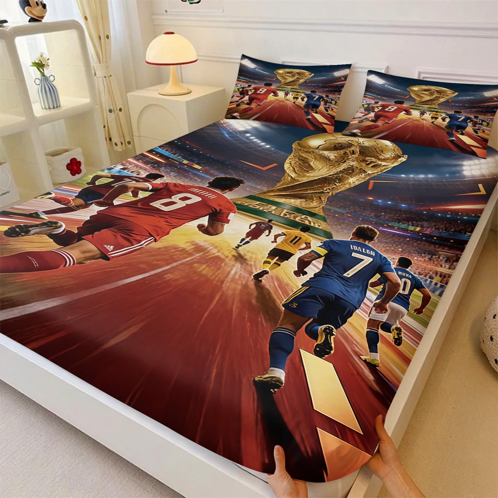 3-Piece World Cup Pattern Fitted Sheet Set, Soft And Durable Bedding Set, Including 1 Piece Flat Sheet And 2 Pieces Pillowcases, Daily Holiday Birthday Gift Bedroom Decorations For Kids And Adults