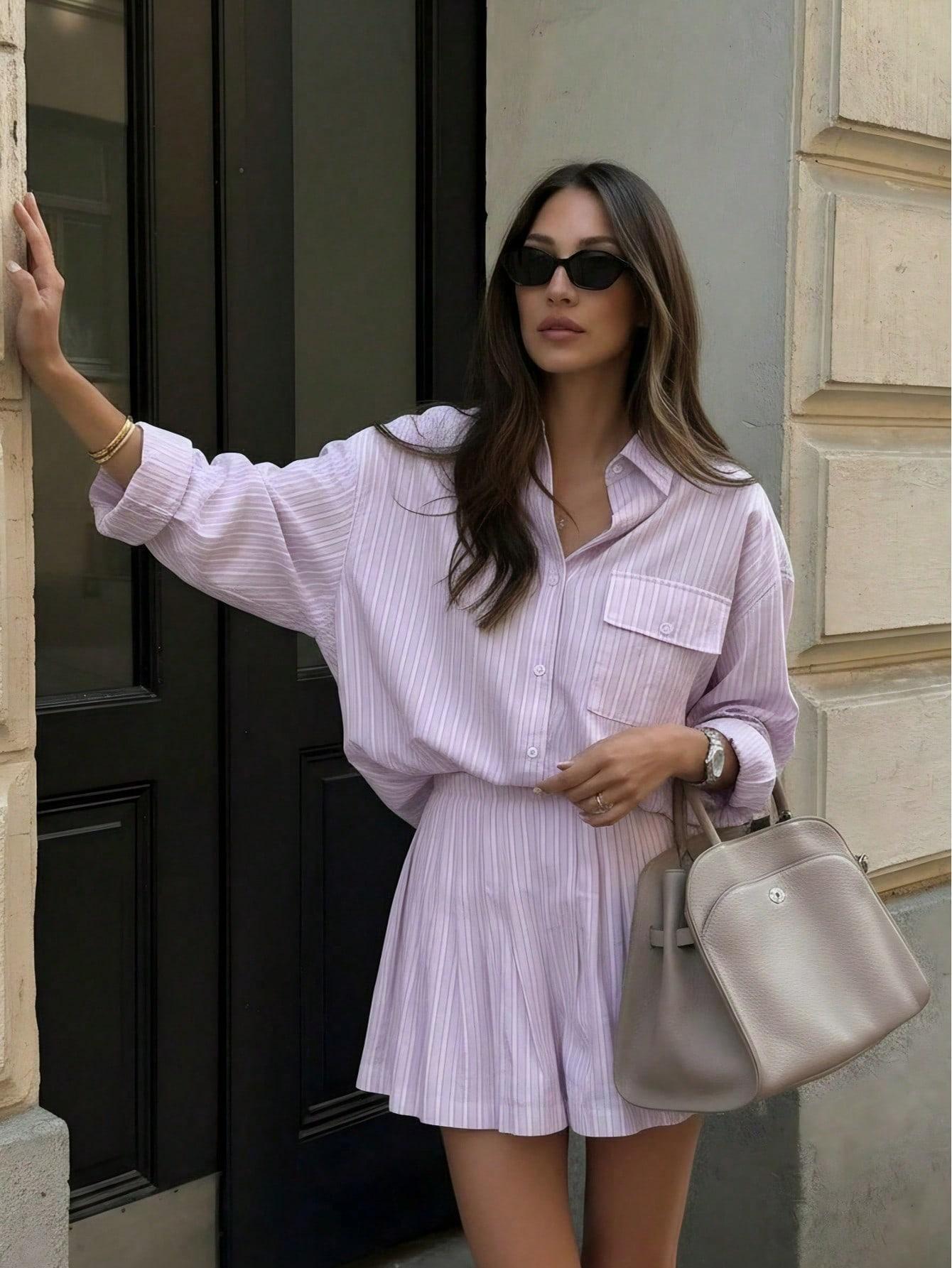 Women's Summer Comfortable Chic Striped Pocket Button-Front Shirt and Shorts Set for Daily Wear Fashion Style Sets