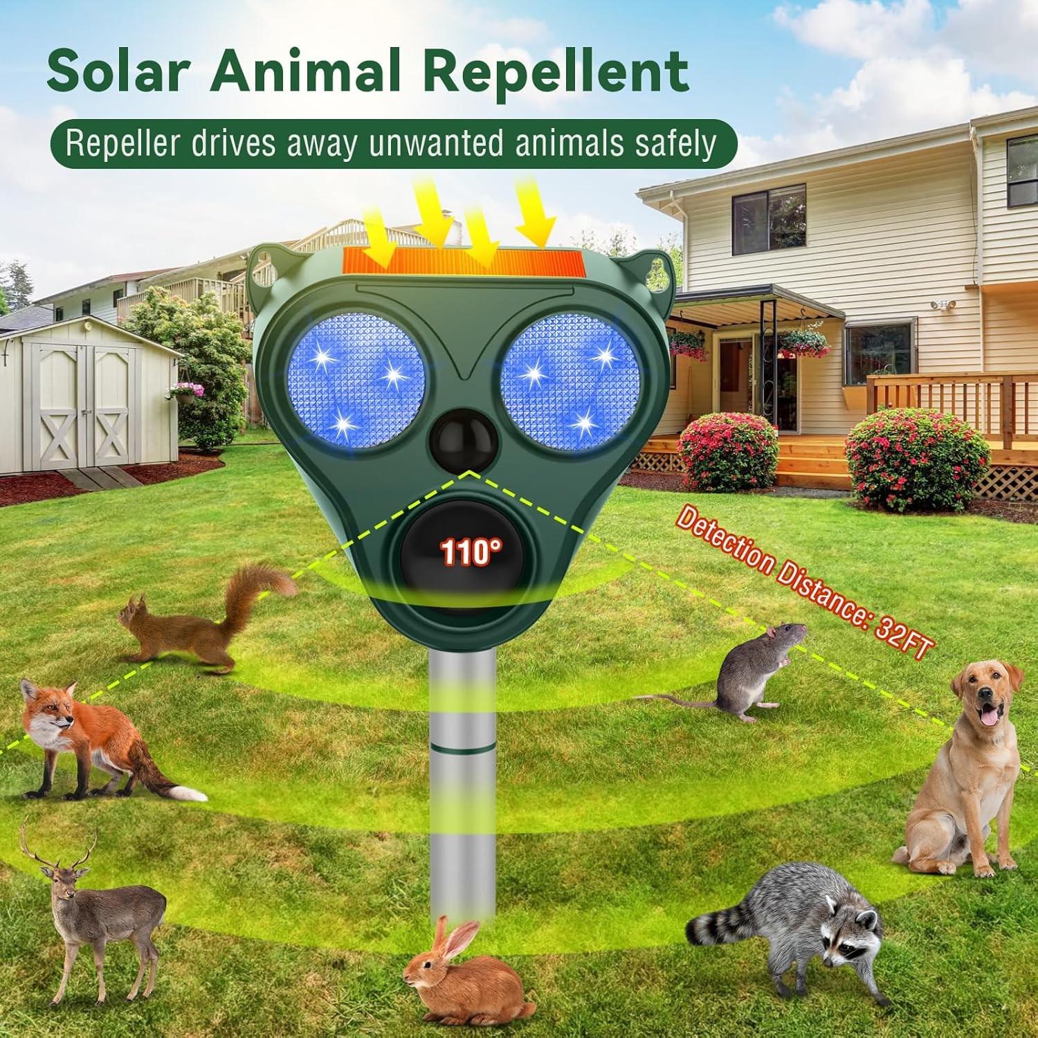 Solar Animal Repeller, Ultrasonic Deterrent with LED Strobe Light, Motion Sensor for Yard Garden Farm, Keep Deer Raccoon Fox Cat Dog Bird Away