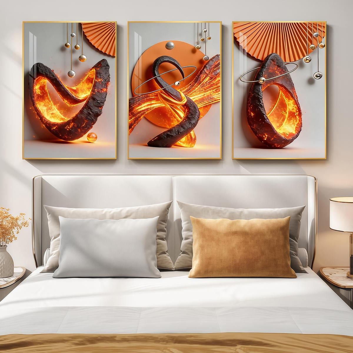 3 Counts Aluminum Alloy Framed Painting, Abstract Lava Flame Sculpture Pictures, Home Decoration For Living Room, Bedroom, Office, Restaurant, Hallway Wall Decor, Odorless Print Artwork, Luxury Perfect Gift For Friends And Family