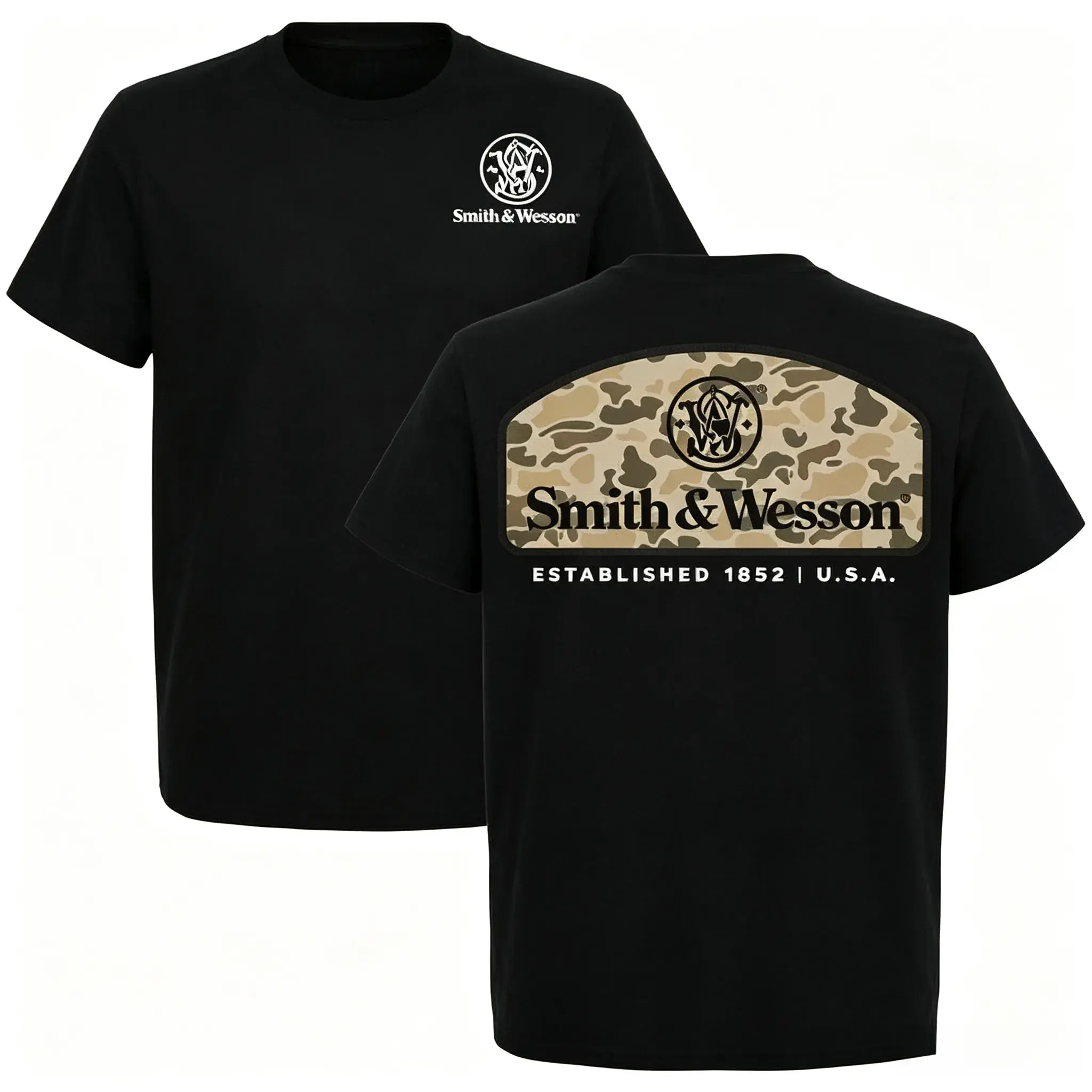 Women's Smith & Wesson Hunter Wheat Camo Short Sleeve Cotton Graphic Top, Casual Tactical T-Shirt for Gun Enthusiasts