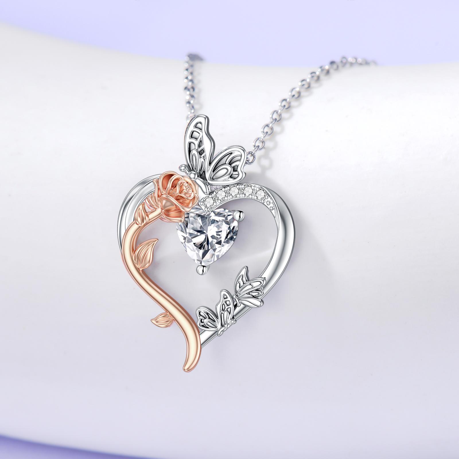 TOUPOP Butterfly Rose Heart Birthstone Necklaces for Women,s925 Sterling Silver Forever Love Heart Fine Jewelry Christmas Valentines Mothers Day Birthday Gifts for Women Her Girlfriend Mom a0 b0