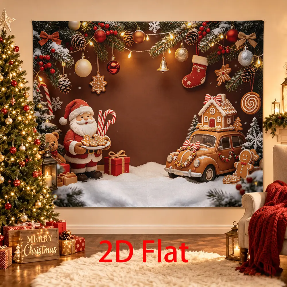 Gingerbread Christmas Backdrop, Santa Cookies Vintage Car Teddy Bear Holiday Photo Background