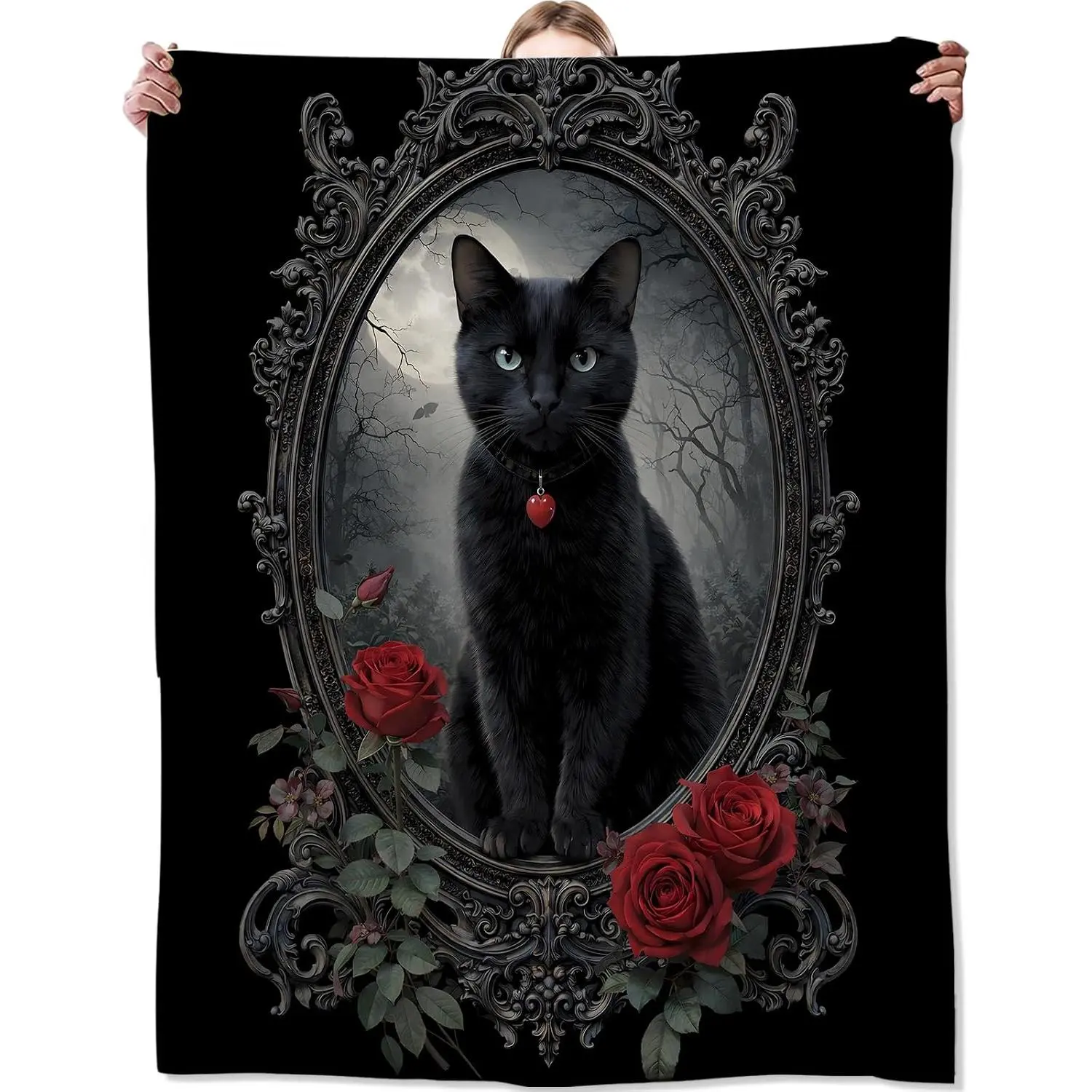 Gothic Cat Rose Cozy Throw Blanket for Couch Sofa Bed, Soft Flannel Goth Kitten Floral Blankets for Adults Women Girls, Warm Lightweight Dark Romantic Throws for Room Decor Gifts, 50x60 Inches