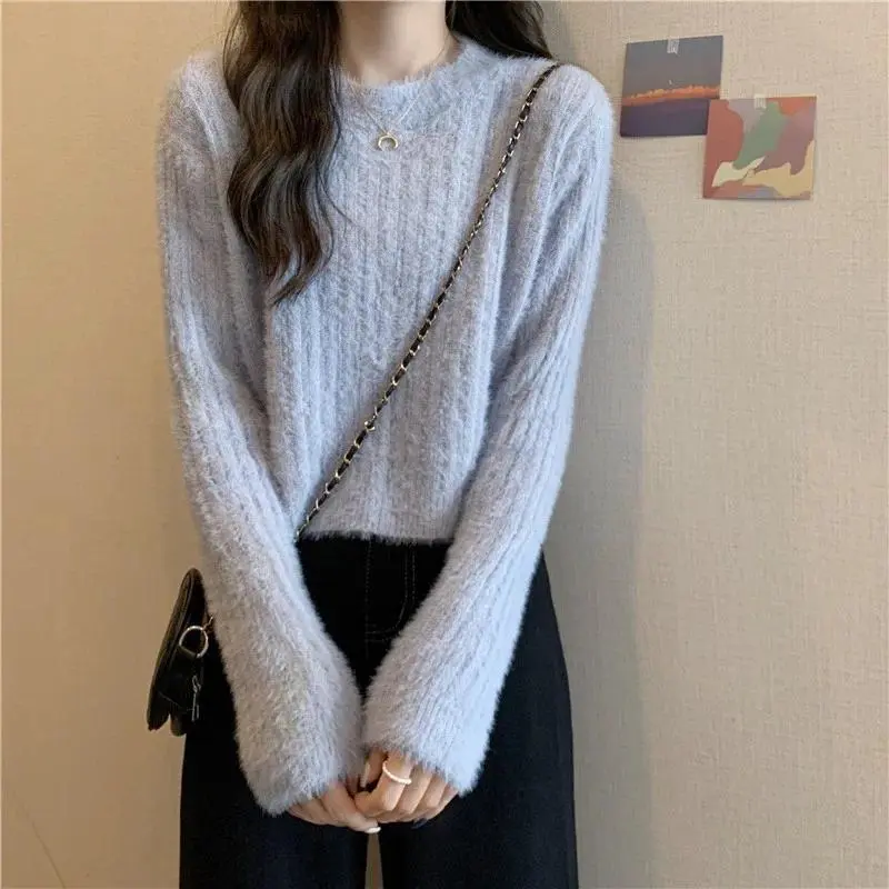 Fuzzy Sweater Pullover Long Sleeve Crop Knit Top Pink Fluffy Plain Jumper for Women Teen-girl Fall Winter Y2K Outfit