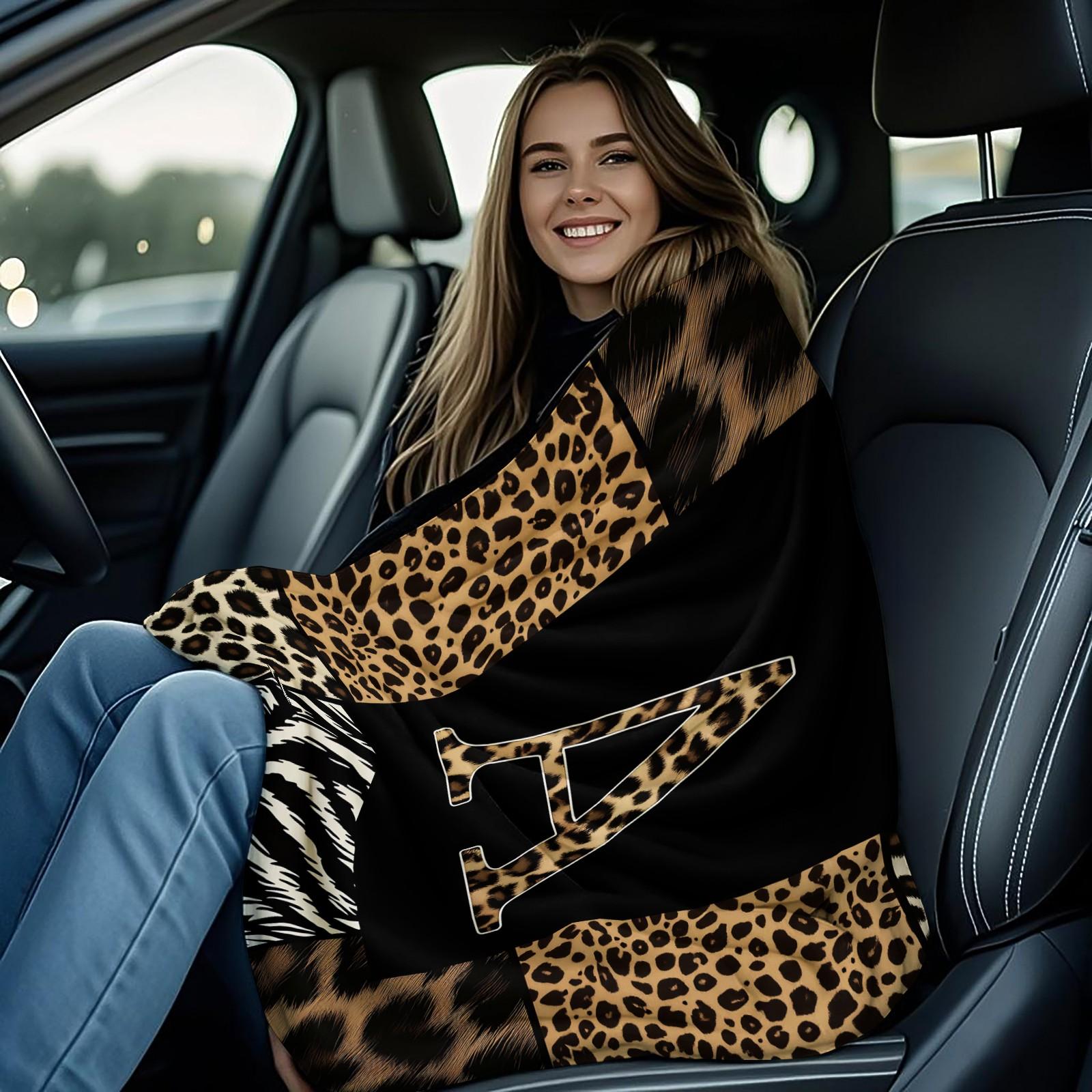 Animal Print Monogram Throw Blanket, Leopard Zebra Tiger Initial Soft Flannel Blanket for Sofa Bed, Gift for Animal Lovers