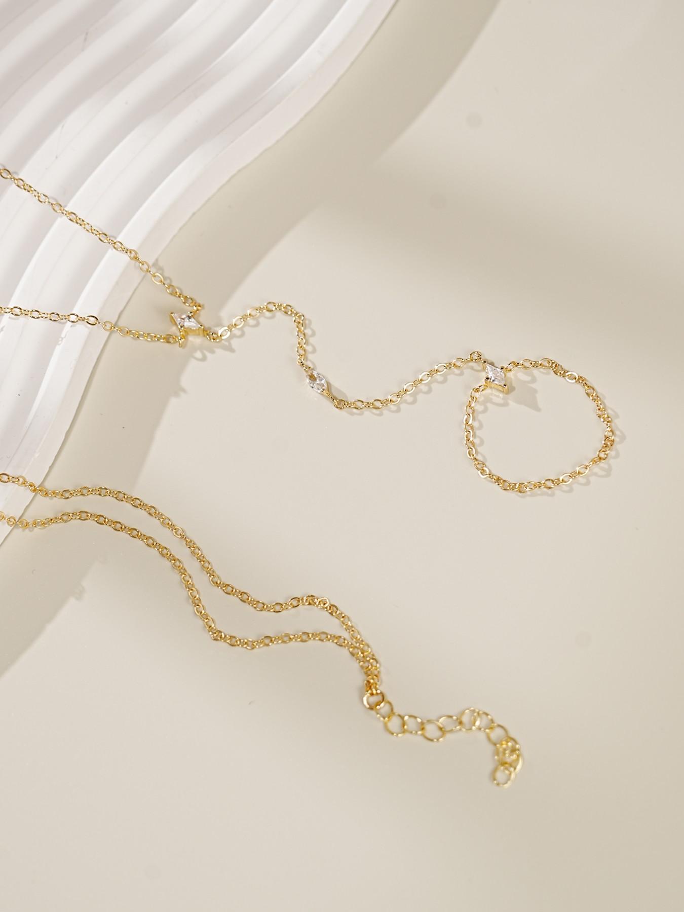 Women's Layered Zirconia Cubic Oxidized Finger Ring Bracelet Set, Perfect for Parties & Festivals, Sparkling Jewelry Accessories