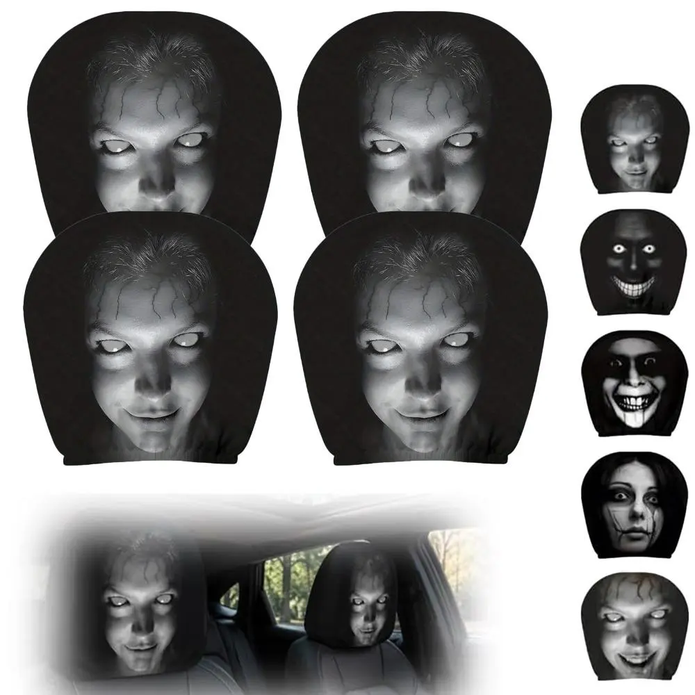 Ghost Face Car Headrest Covers (2/4 Pcs) - Scary Print, Elastic Wrap, Universal Fit Auto Seat Protectors, Funny Car Interior Decoration for Vehicles, Trucks, SUVs