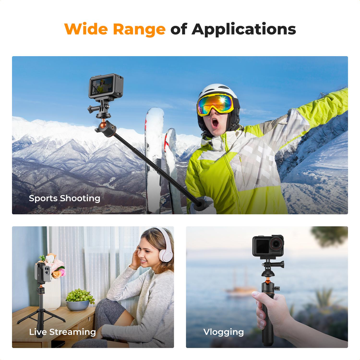 [K&F CONCEPT]All-in-One Extendable Selfie Stick Tripod for Smartphones, GoPro & DJI Cameras.60cm/24" Foldable Handle with Ball Head for Vlogging, Travel, Live Streams.GoPro Hero 13/12/11/10/9/8/7/Max, DJI Osmo Action 5/4/3, Pocket 3.