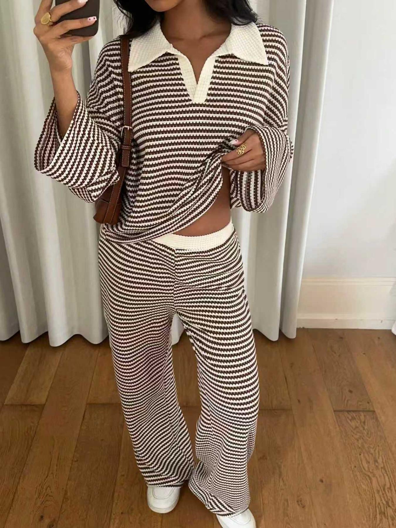 Korean Lazy Style Striped Two-Piece Set for Women, Turn-Down Collar V Neck Loose Bell Sleeve Top + High-Waisted Wide Leg Pants, Casual Home Wear Loungewear Set
