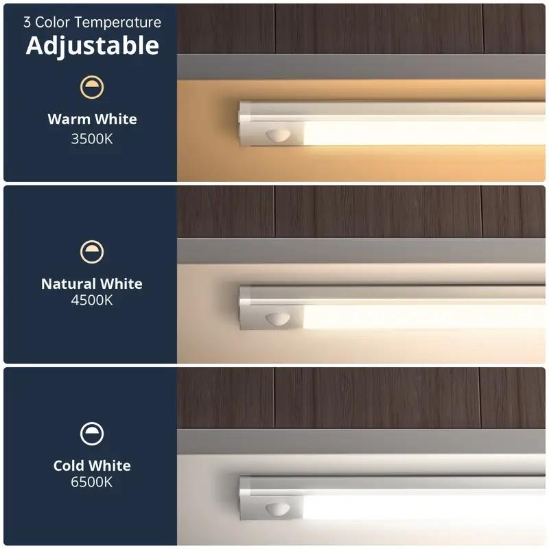 LED Motion Sensor Cabinet Light, USB Rechargeable, Anti-Glare Aluminum Alloy, Adjustable Three-Color Warm Closet Lamp, Wireless Magnetic Strip Nightlight