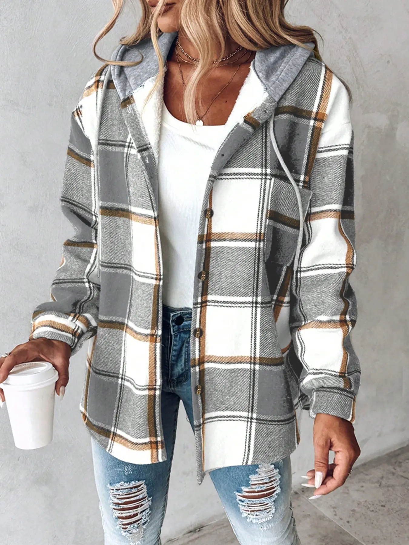 Women's Plaid Patchwork  Zip Up Hooded Jacket, Casual Long Sleeve  Outwear for Fall & Winter, Women's Clothing for Daily Wear, Patchwork Fitted Jacket